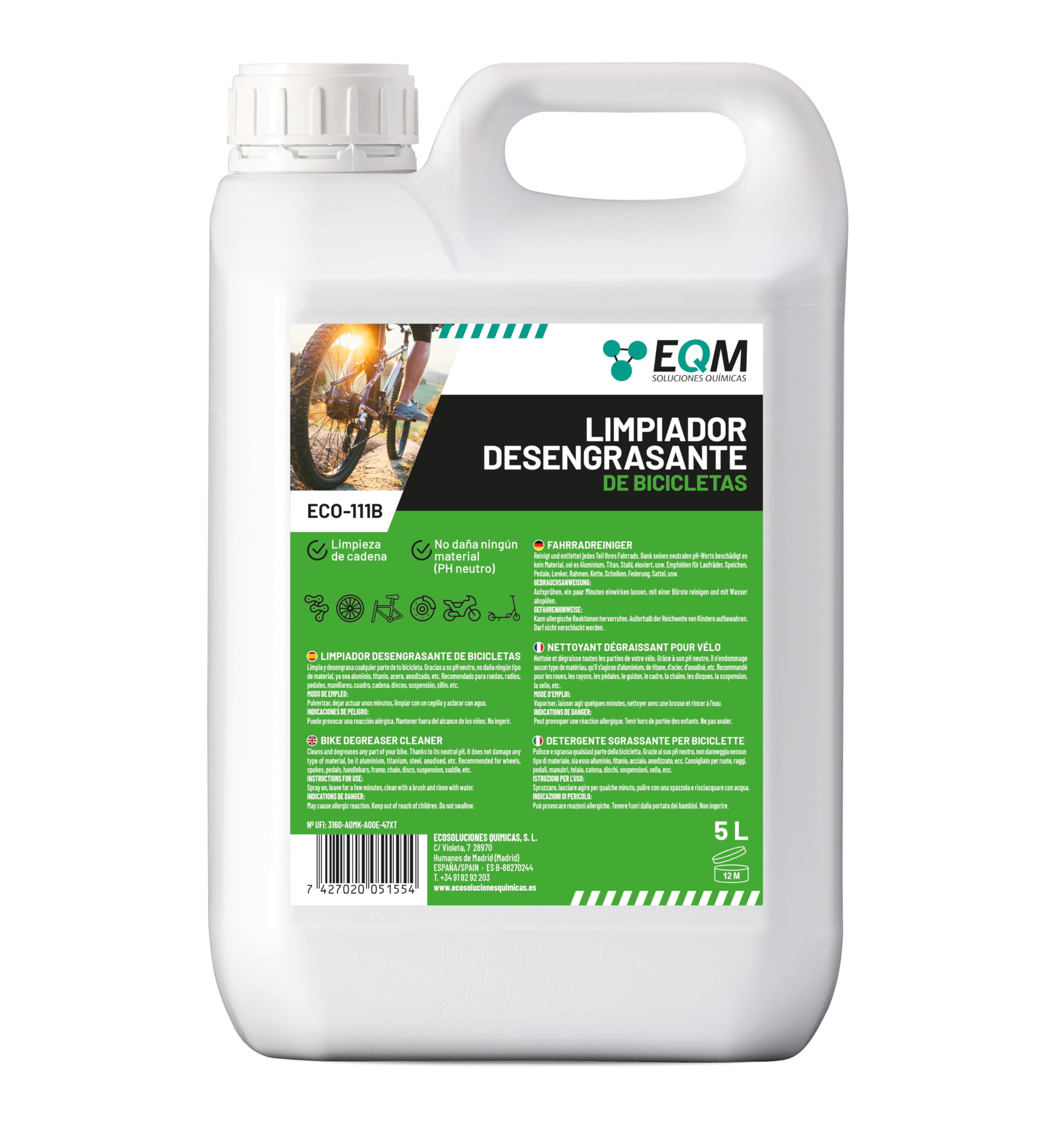 EQM ECO-111B środek czyszczący do rowerów 5 l, ważny dla wszystkich materiałów (aluminium, tytan, stal, anodyzowany itp.) – środek do czyszczenia łańcucha rowerowego