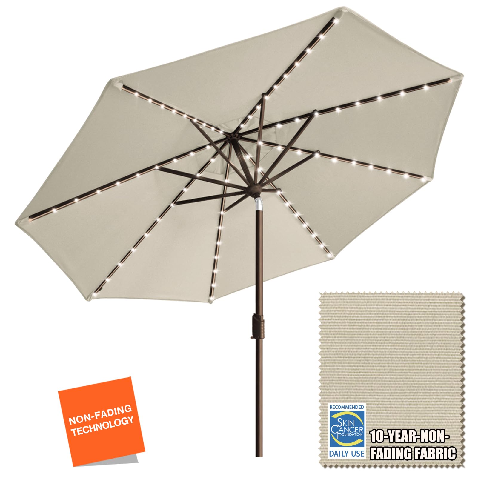 NEVER OPENED EliteShade USA 10-Year-Non-Fading Solar 9ft Market Umbrella with 80 LED Lights Patio Umbrellas Outdoor Table Umbrella with Ventilation, Antique Beige