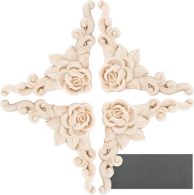 4 pcs Wood Carved Applique Mouldings Corner Decal Onlay Rose Pattern for Home Furniture Decoration Door Cabinet Upainted
