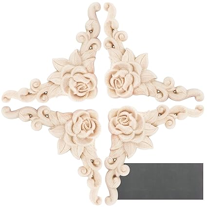 4 pcs Wood Carved Applique Mouldings Corner Decal Onlay Rose Pattern for Home Furniture Decoration Door Cabinet Upainted
