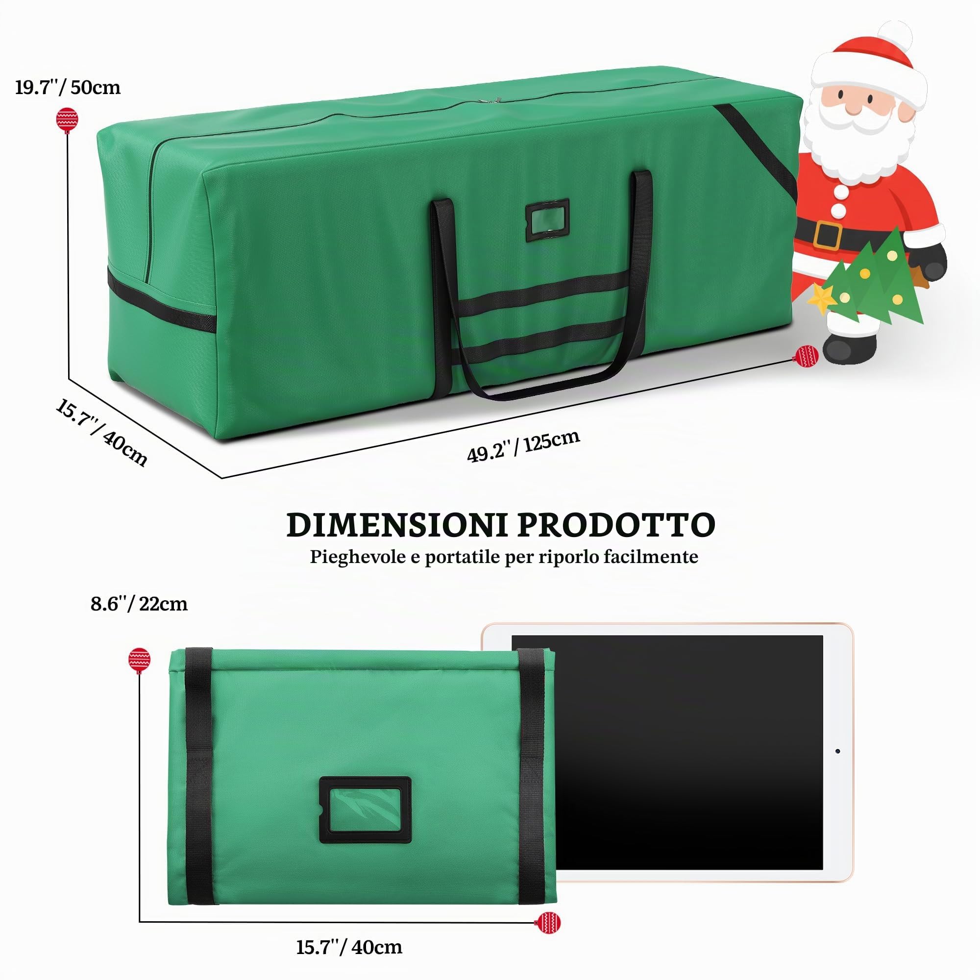 YITAHOME Borsa portaoggetti per albero di Natale, adatta per alberi di Natale artificiali, altezza fino a 7,5 ft, resistente, impermeabile con manici robusti e cerniera, verde
