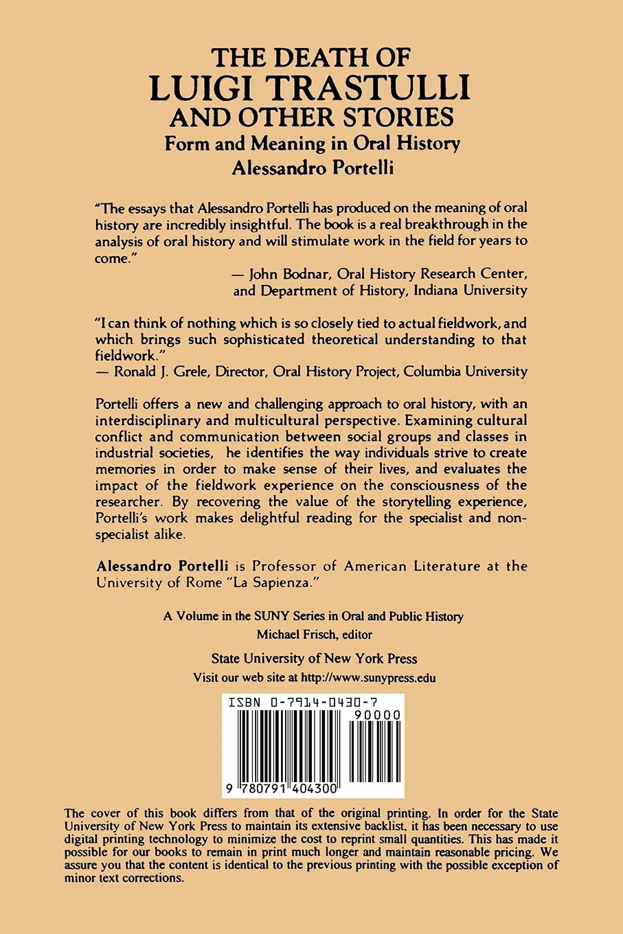 The Death of Luigi Trastulli and Other Stories: Form and Meaning in Oral History (Suny Series in Oral and Public History)