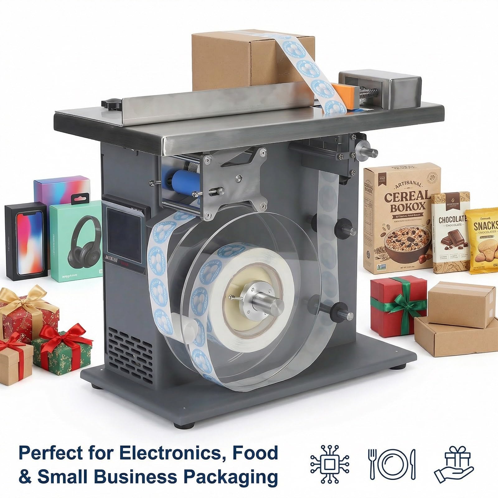 Etichettatrice per Imballaggi Cartone, Macchina Etichettatura Angolo Scatola Semi Automatica per Etichette Trasparenti O Opache Con Applicazione Uniforme