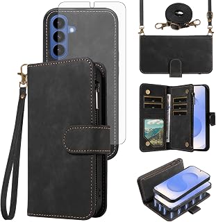 Asuwish Phone Case for Samsung Galaxy S26 5G 2026 Zipper Wallet Magnetic Detachable Cell Cover with Screen Protector Crossbody Lanyard Strap Flip Card Holder Slot S 26 26S Women Men Girls Black
