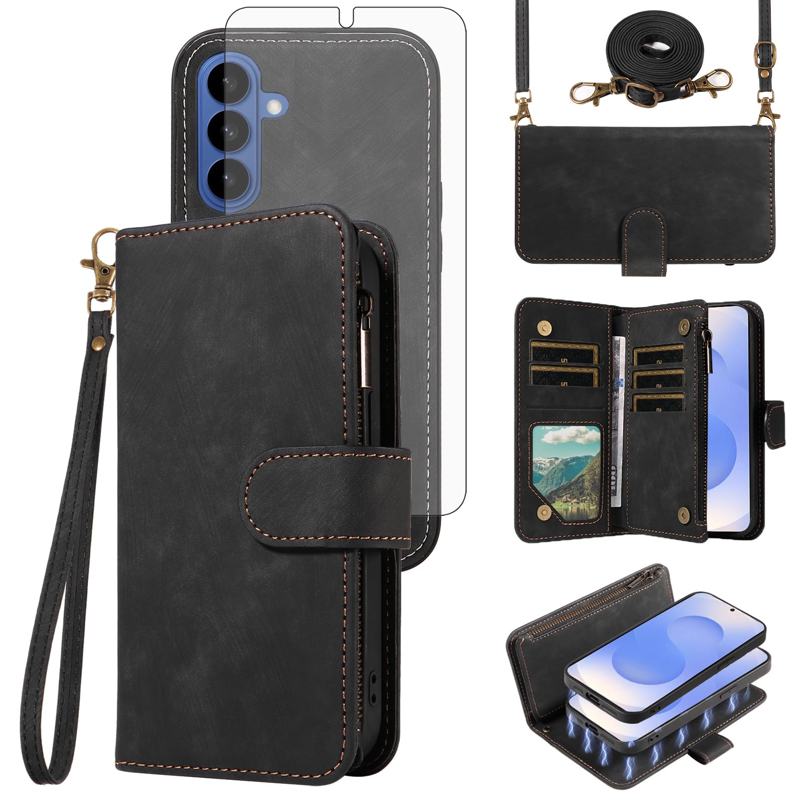 Custodia per Samsung Galaxy S26 Plus S26+5G Portafoglio con cerniera magnetica staccabile e pellicola protettiva per lo schermo Crossbody Cordino Flip Card Holder Slot S26Plus 26S + S 26 26+ Donne