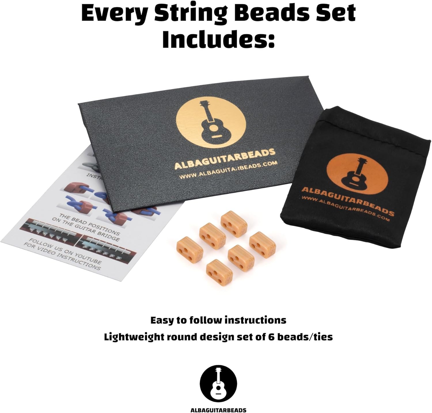 Classical Guitar Bridge Beads – Light Wood Pattern Tie Blocks for Nylon & Carbon Strings – Fits Flamenco Guitars – Alba GB
