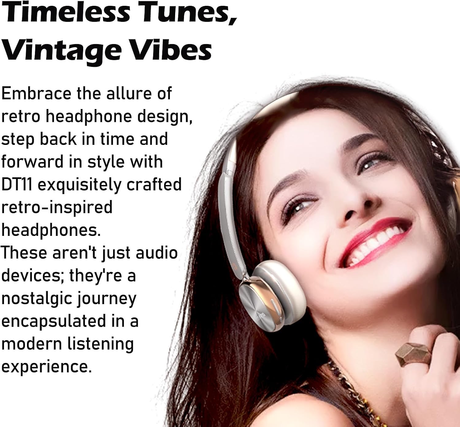 Woman smiling while wearing SANSUI DT11 headphones, emphasizing timeless tunes and vintage vibes