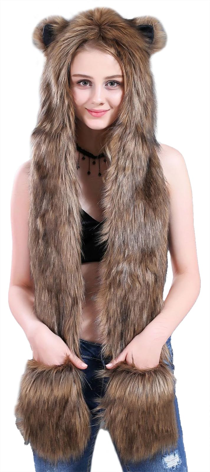 Malaxlx Damen Herren Winter Kunstpelz Flauschig Pelzigen Tier Kapuze Mütze mit Ohren Schal Pfoten Prints Tasche Handschuhe 3 in 1 Combo