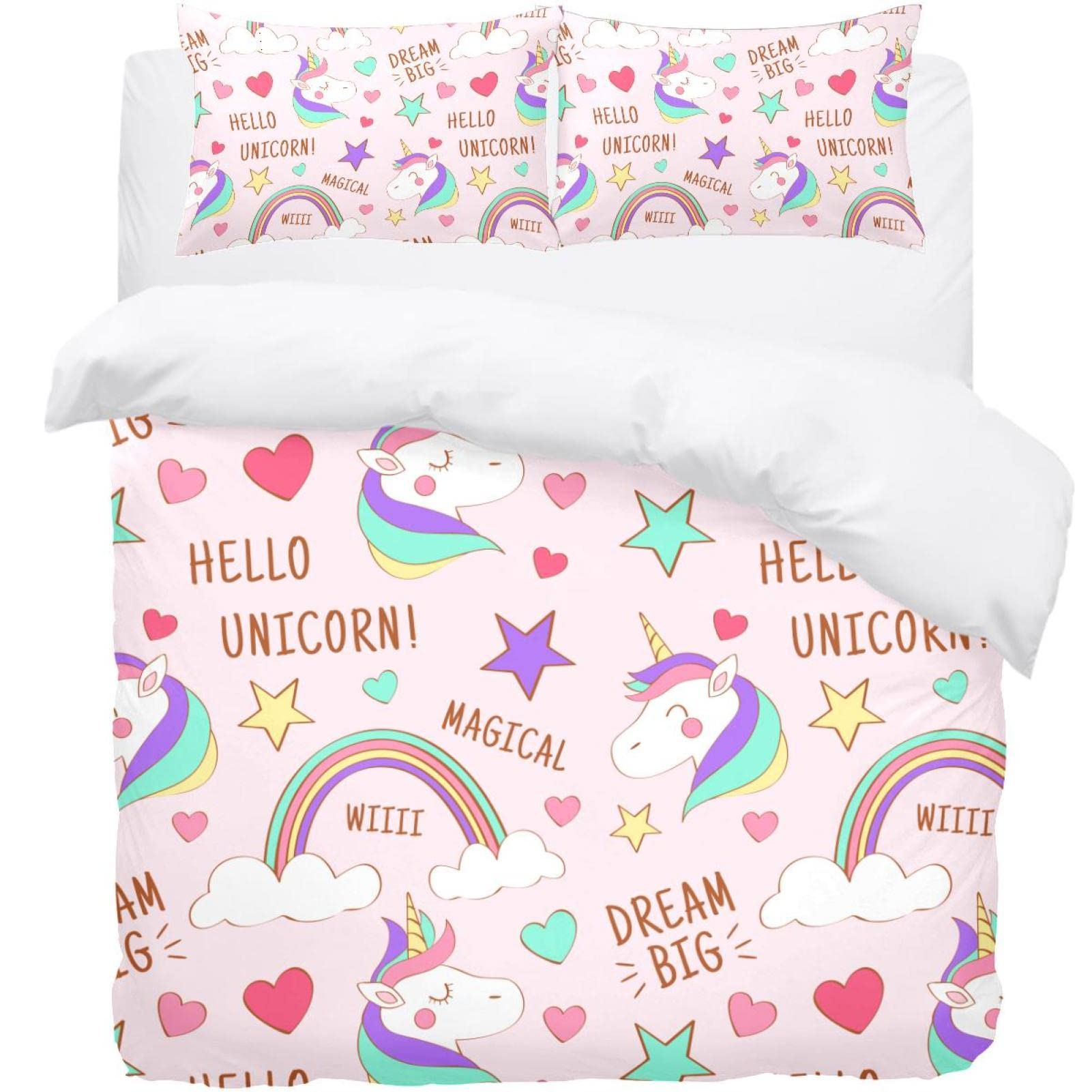 Parure de lit licorne et étoiles rose pour lit simple, housse de couette douce chambre enfant