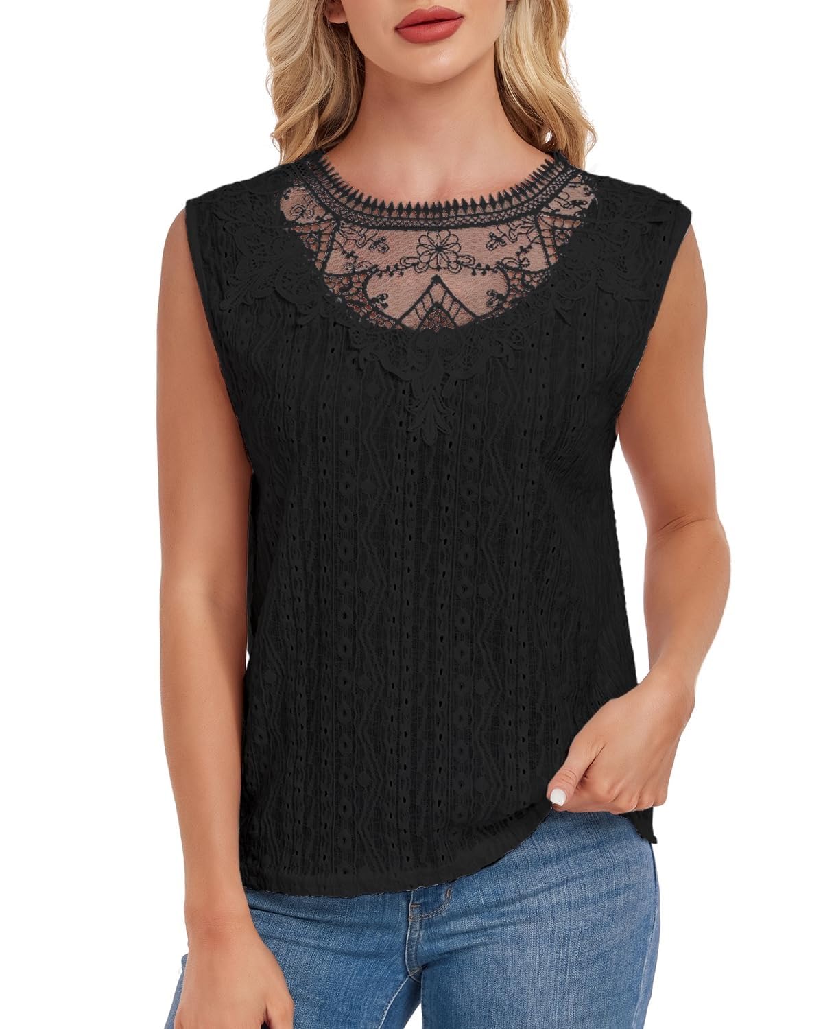 Canotte a Tunica con Buco della Serratura sul Retro Senza Maniche da Donna, Camicette Casual in Pizzo