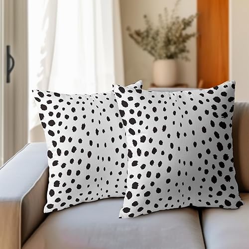 Miniatura 6 de Kawani Juego de 2 fundas de almohada cuadradas de lino con estampado de lunares de 18 x 18 pulgadas, color blanco y negro, con trazos de pincel,
