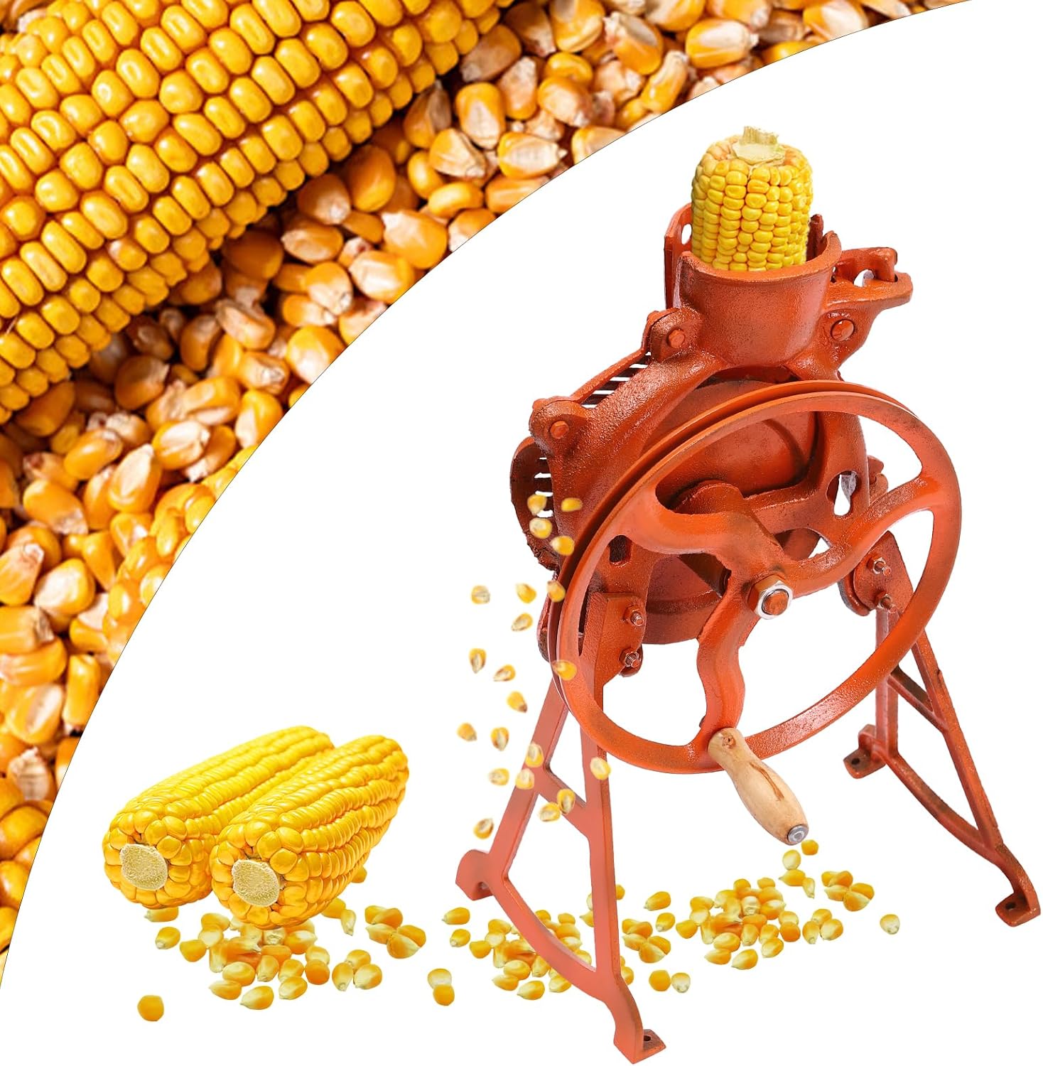 Corn Sheller Machine, Manual Hand Crank & Electric Compatible, Heavy Duty Cast Iron Corn Thresher with Stable Wooden Base for Dry Corn - Fast Shelling for Home, Garden, Small Farm (Orange)