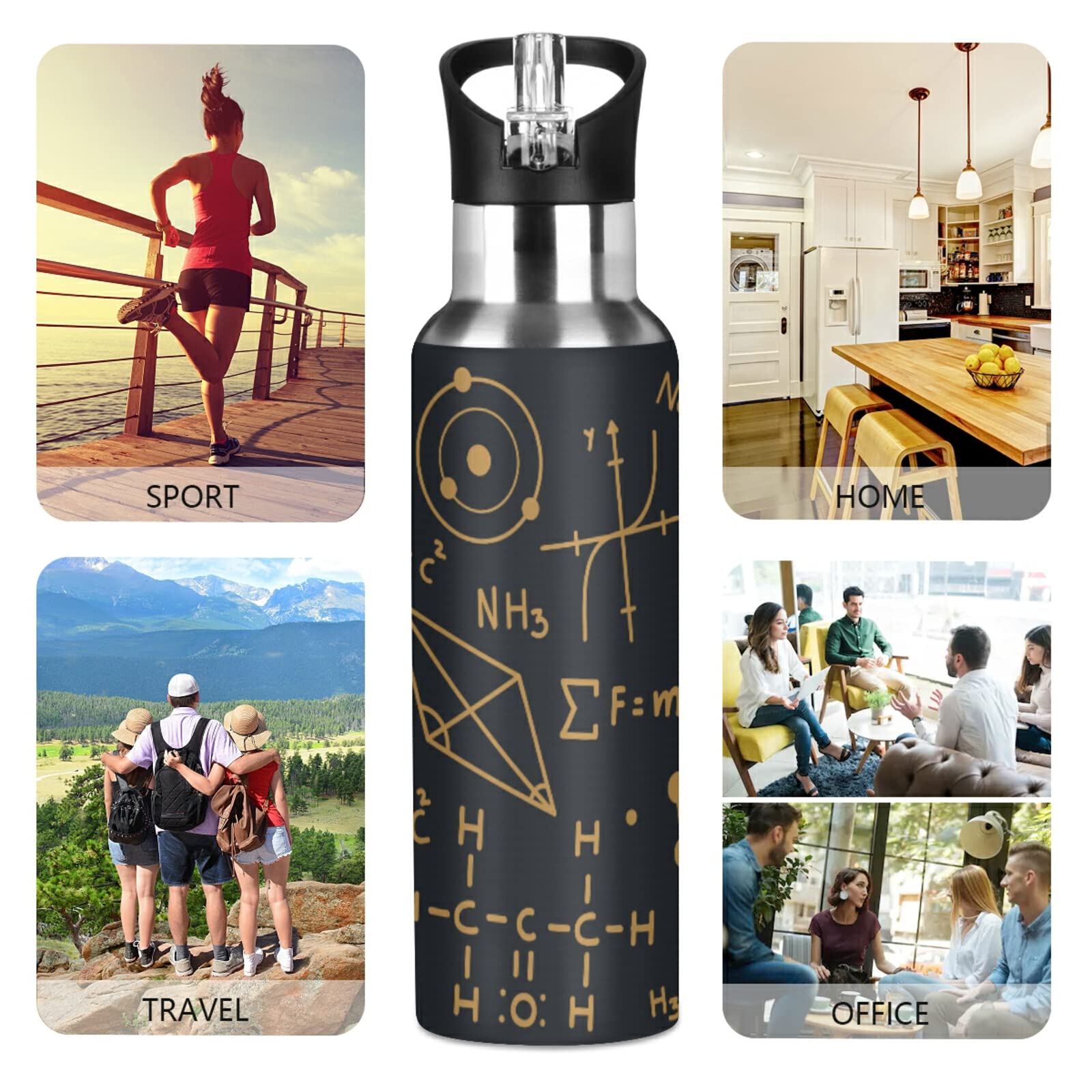 Mnsruu Trinkflasche 600ml Mit Musiknote-Design – Isolierflasche Aus Edelstahl 18/8, BPA-frei & Mit Strohhalm Für Sport, Schule, Wandern