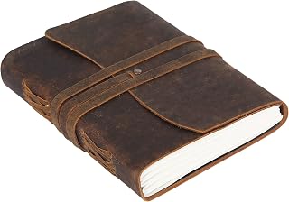 KomalC Genuine Leather Journal Notebook - Handmade Rustic Brown 7x5 Travel Writing Pad, 240 Unlined Pages for Men & Women