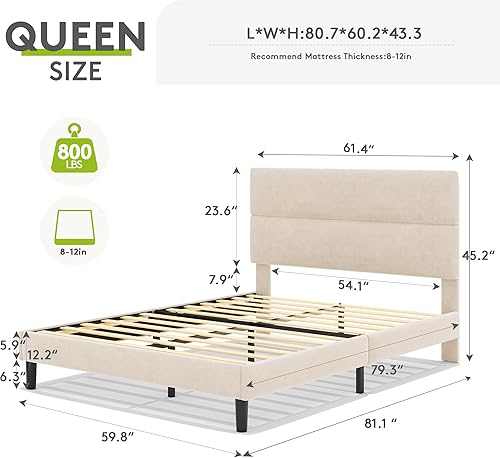 Miniatura 2 de Base de cama de plataforma tamaño Queen con cabecera de terciopelo, soporte de listones de madera de altura ajustable, base de colchón tapizada, se