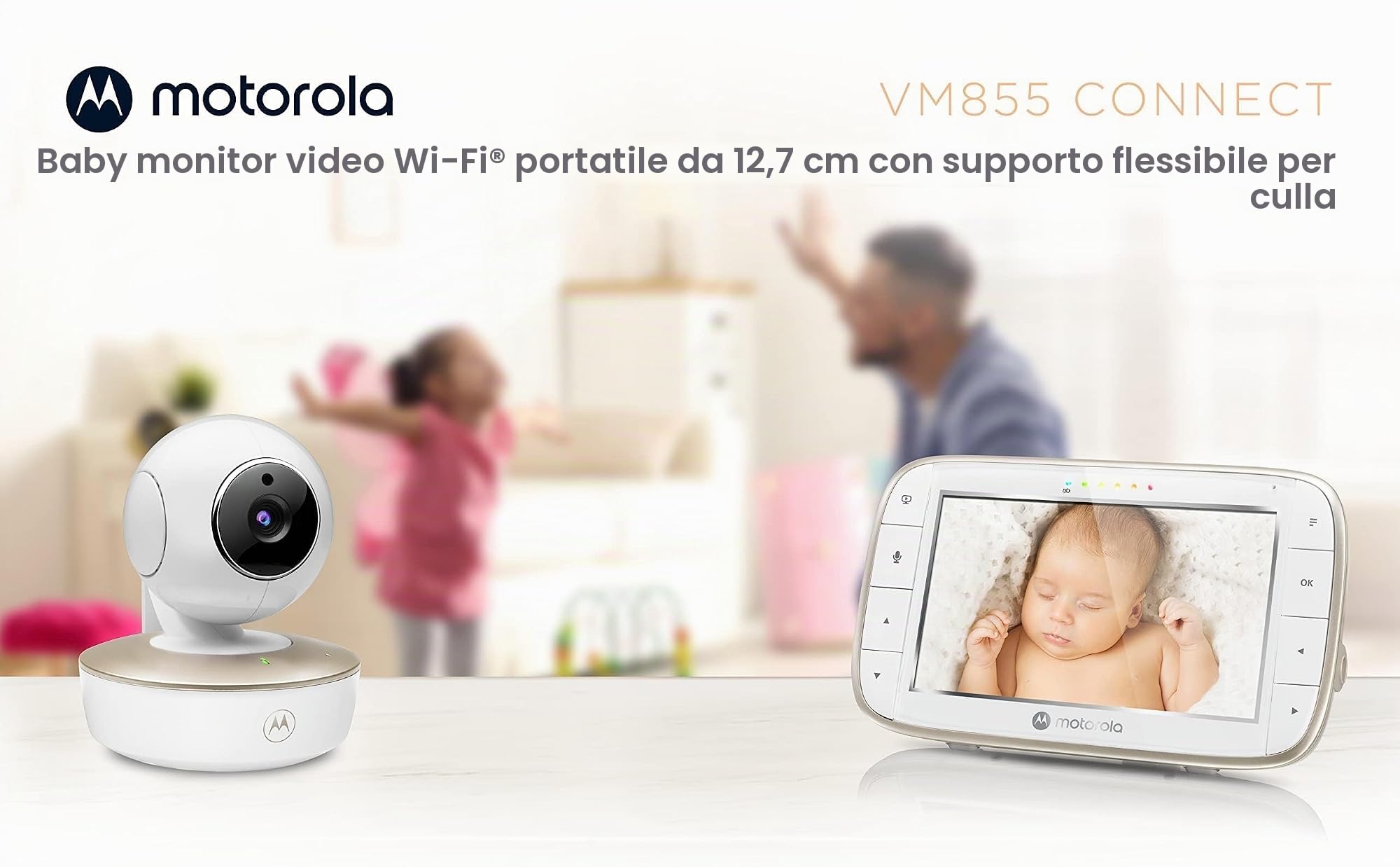 Motorola Nursery VM855 - Baby monitor con connessione Wi-Fi con app Motorola Nursery e unità principale da 5 pollici, visione notturna, temperatura e conversazione bidirezionale, Bianco