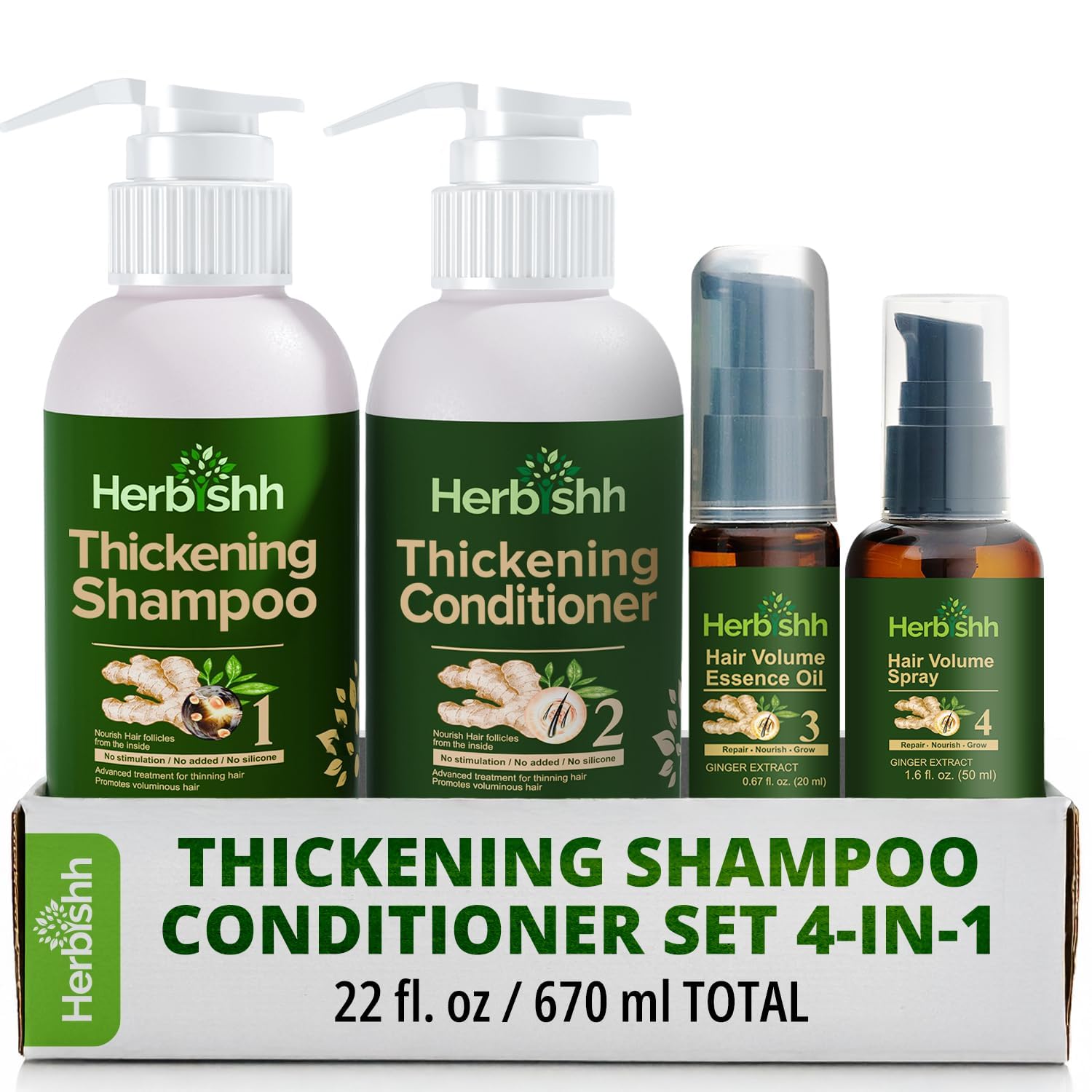 Herbishh Thickening Shampoo and Conditioner | Hair Vitalizer | Hair Growth Essence Oil | Prevents Hair Loss - Supports Healthy Growth (4in1)