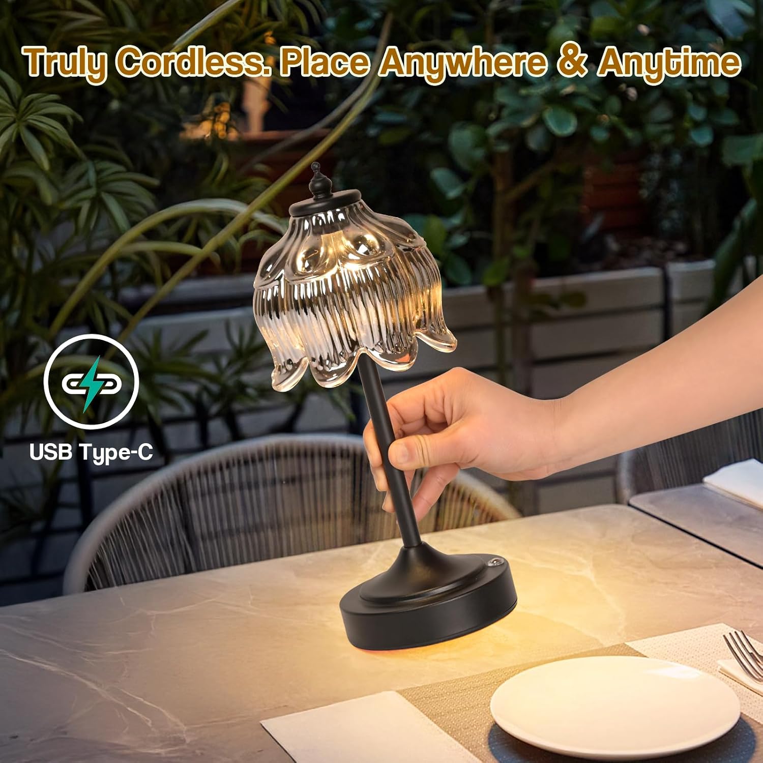 Cordless Table Lamp, Rechargeable Black Glass Lotus Flower Lamp image 2