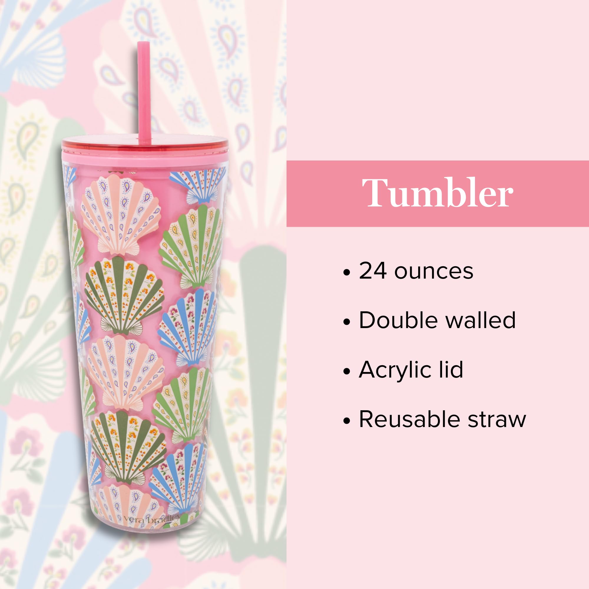Amazon.com: Vera Bradley Travel Tumbler with Lid and Straw, 24 Ounce  Insulated Cup, Plastic Double Wall Tumbler (Cottage Shells) : Home & Kitchen