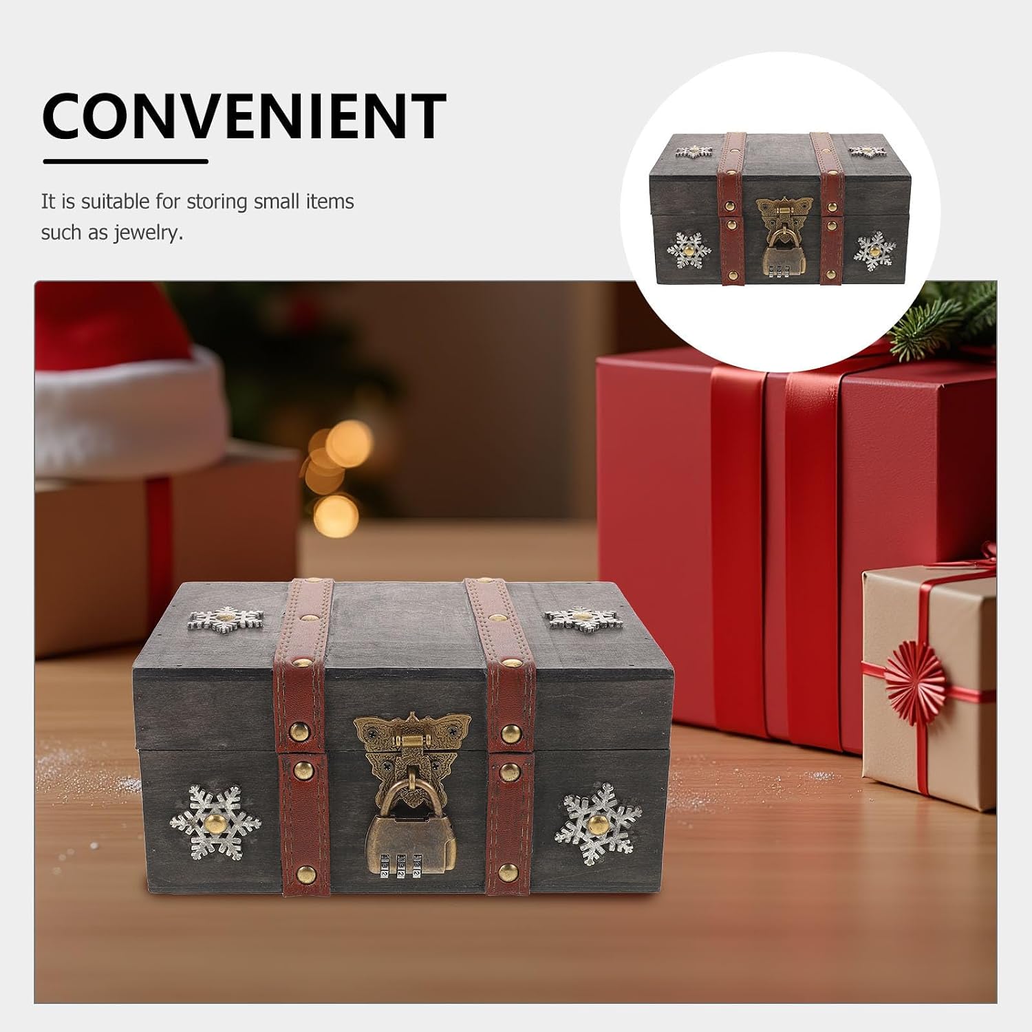 Hemobllo Wooden Treasure Chest Jewelry Box with Lock Vintage for Home Decor image 3
