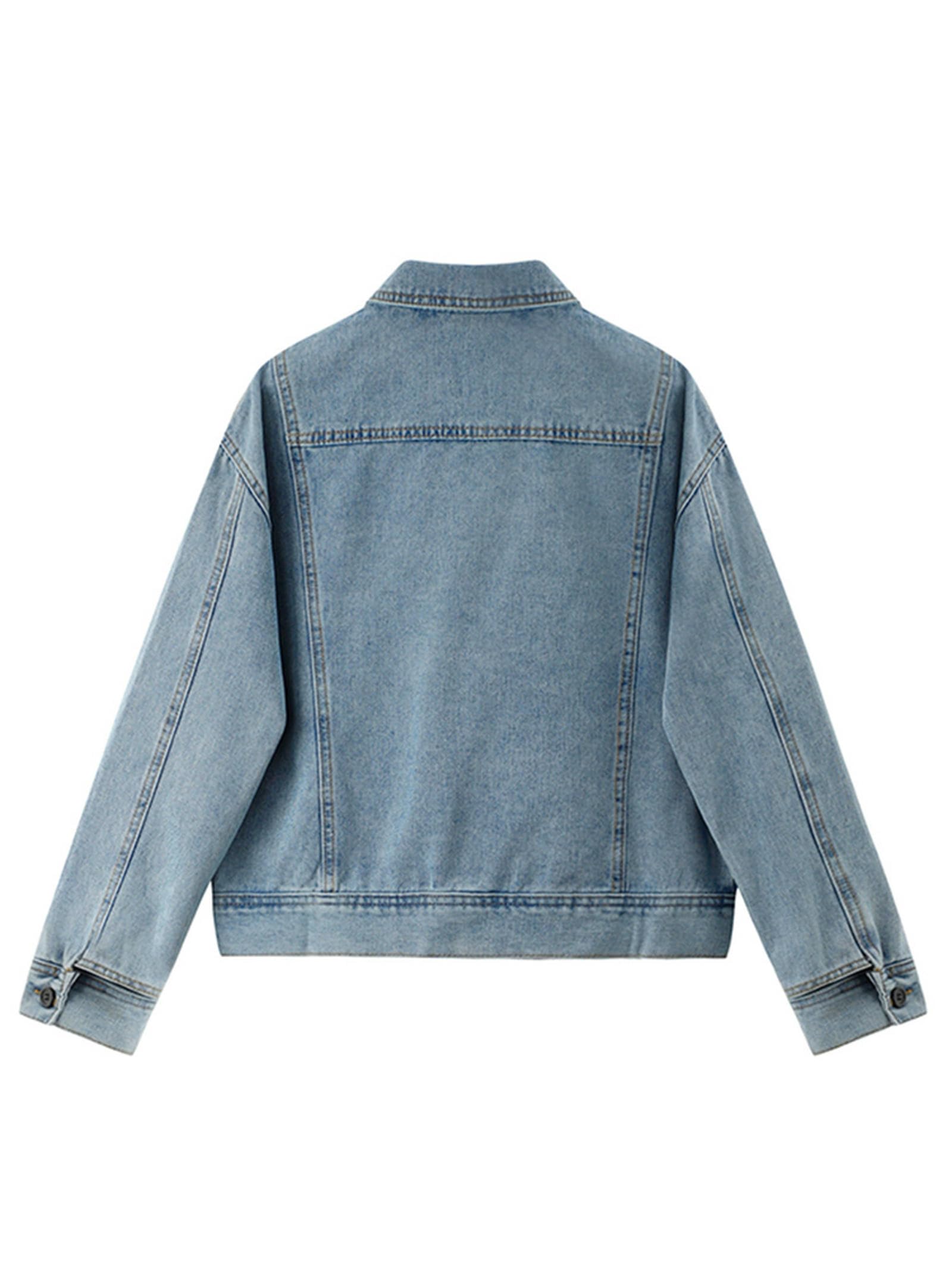 Chaqueta Vaquera para Mujer Chaqueta con Cremallera De Solapa De Motocicleta Retro Engrosada Moda Callejera Hip-Hop Chaqueta Vaquera Suelta Informal Versátil-Azul-XL