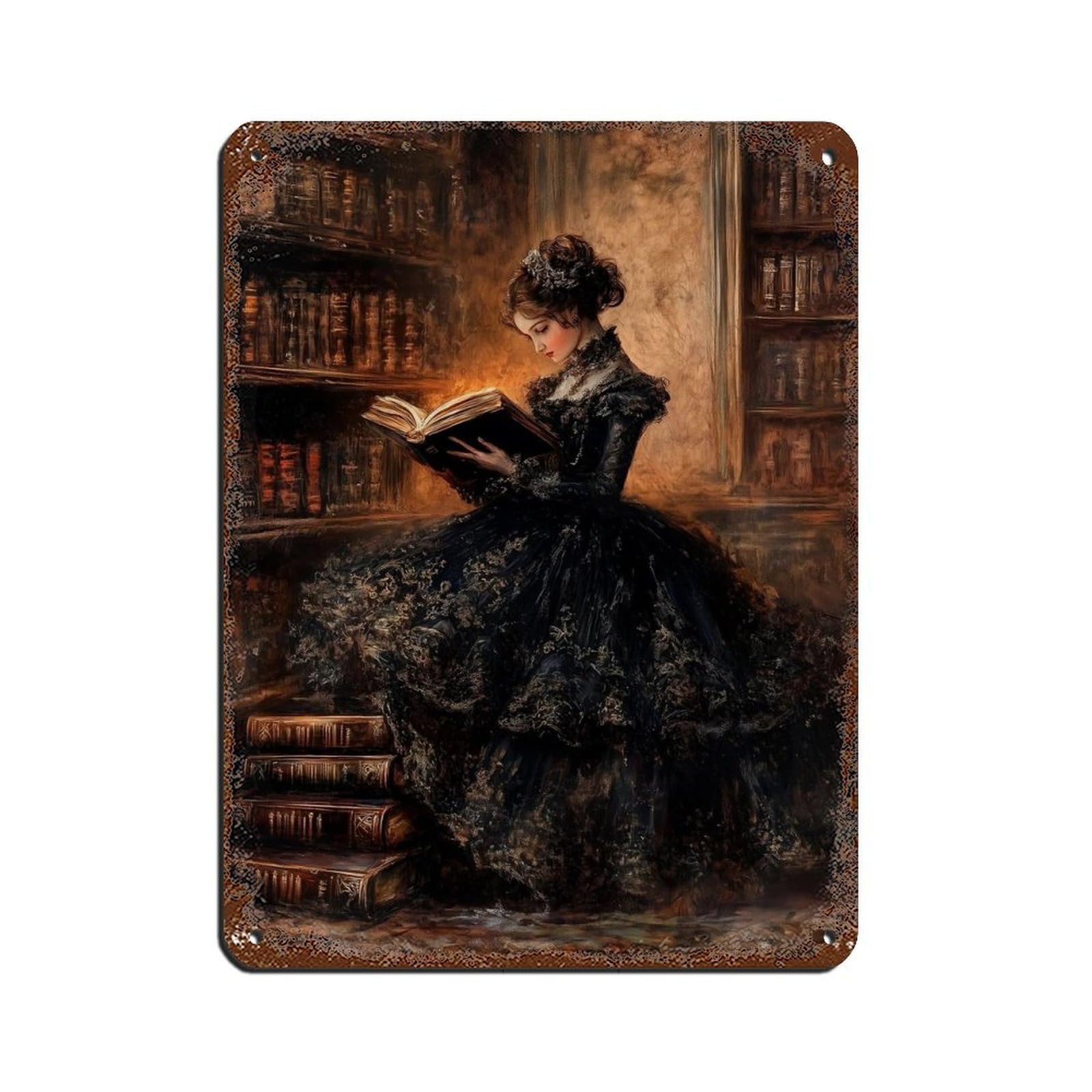 Victorian Lady Reading, Dark Academia Library Art Tin Sign Vintage Metal Pub Club Cafe Bar Home Wall Art Decoration Poster Retro 12x16inch(30x40cm)