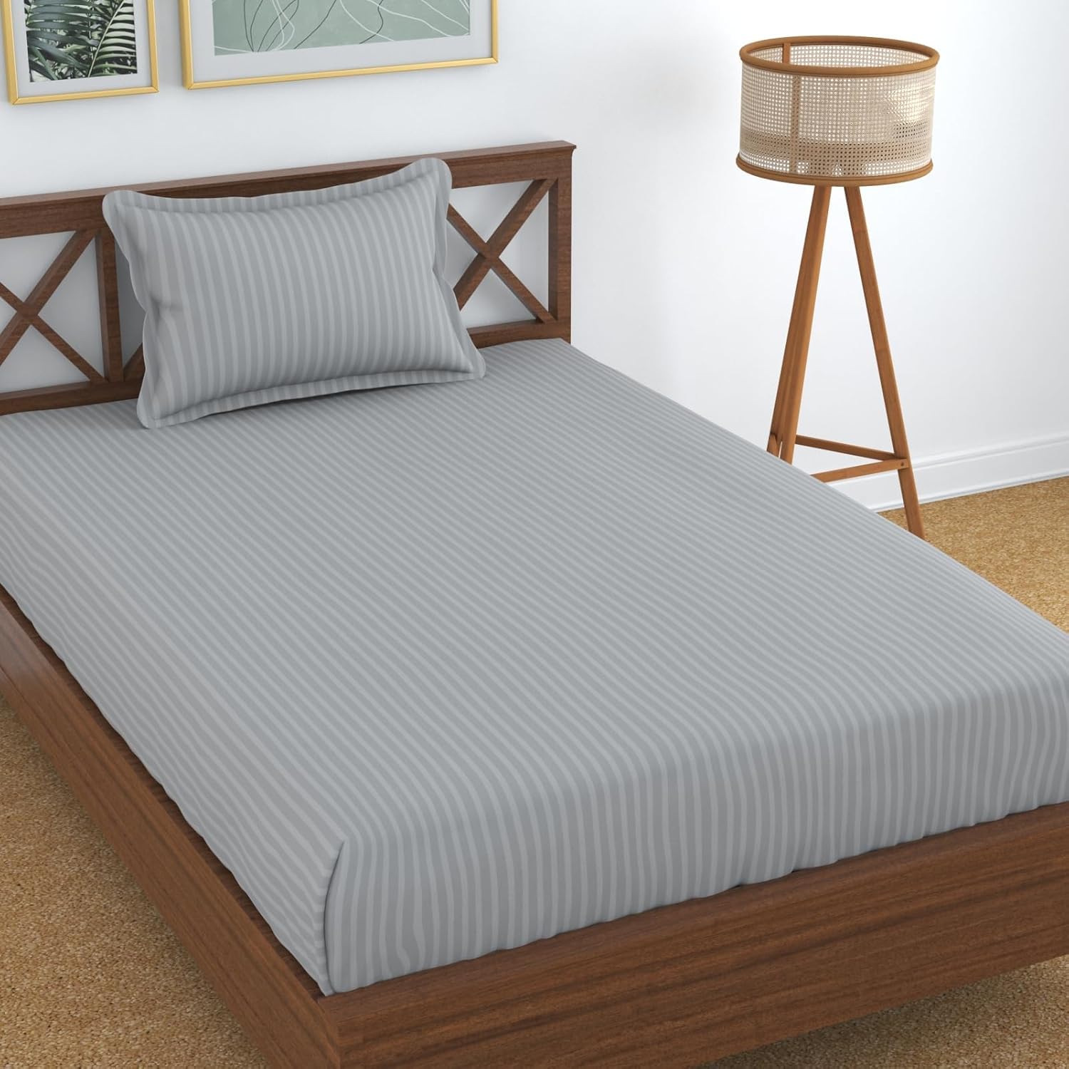 Blue Strip Polycotton Bedsheet, Single 60x90 (Grey) | 220 TC, hotel style, plain & striped, soft, breathable, colourfast, non-shrink, wrinkle resistant, includes pillow covers-image-14