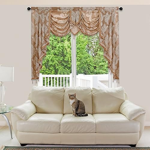 Miniatura 2 de NAPEARL Cenefa de cascada para ventanas, cenefa de damasco para sala de estar con cuentas, cenefa de cortina jacquard para ventanas (1 cenefa beige,