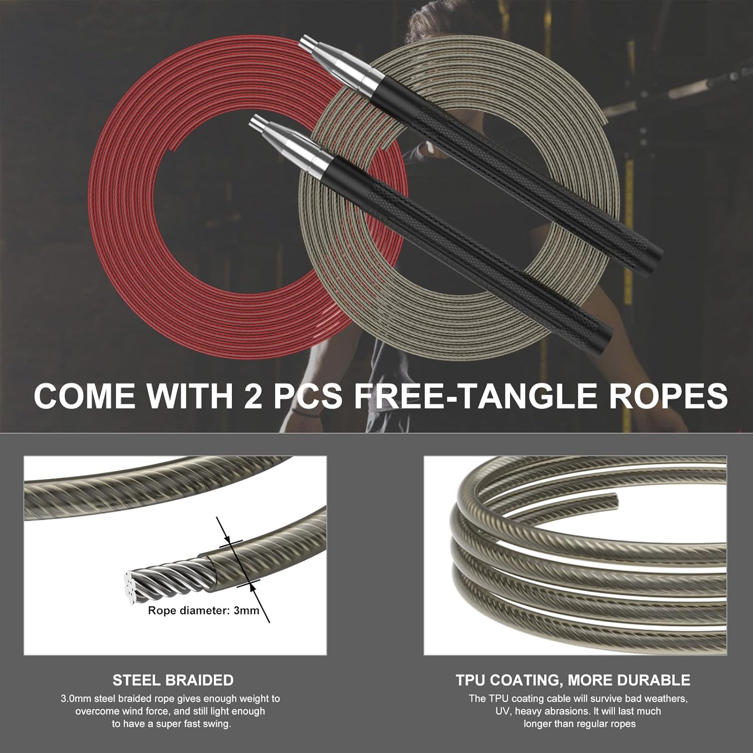 Speed Jump Rope for Men Women, Fitness Skipping Rope with Aluminium Handle and 2 Ropes, Self-Locking Design Adjustable Jumping Rope for Adult Workout Boxing - Image 4