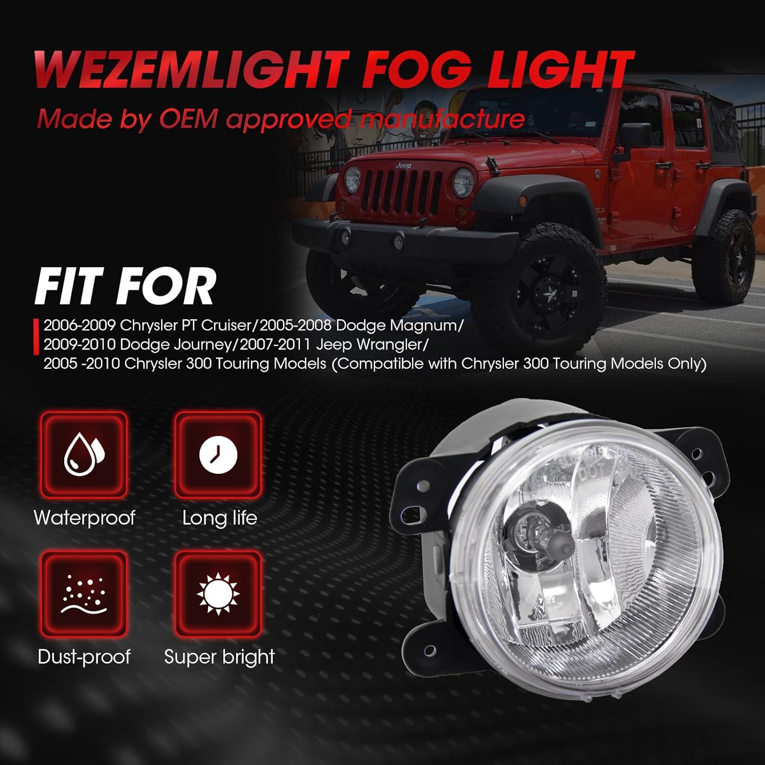 Fog Lights Assembly Replacement For 2007-2009 Wrangler 2005-2008 Dodge Magnum 2009 Dodge Journey 2006-2010 Chrysler PT Cruiser 2005-2010 Chrysler 300 Touring With H8 12V 35W Halogen Bulbs