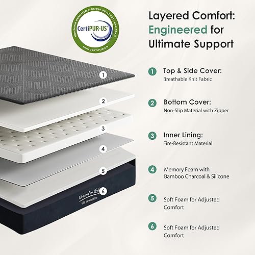 Miniatura 4 de Colchón King de 10 pulgadas, colchón de espuma viscoelástica multicapa, firmeza media con infusión de carbón de bambú y té verde