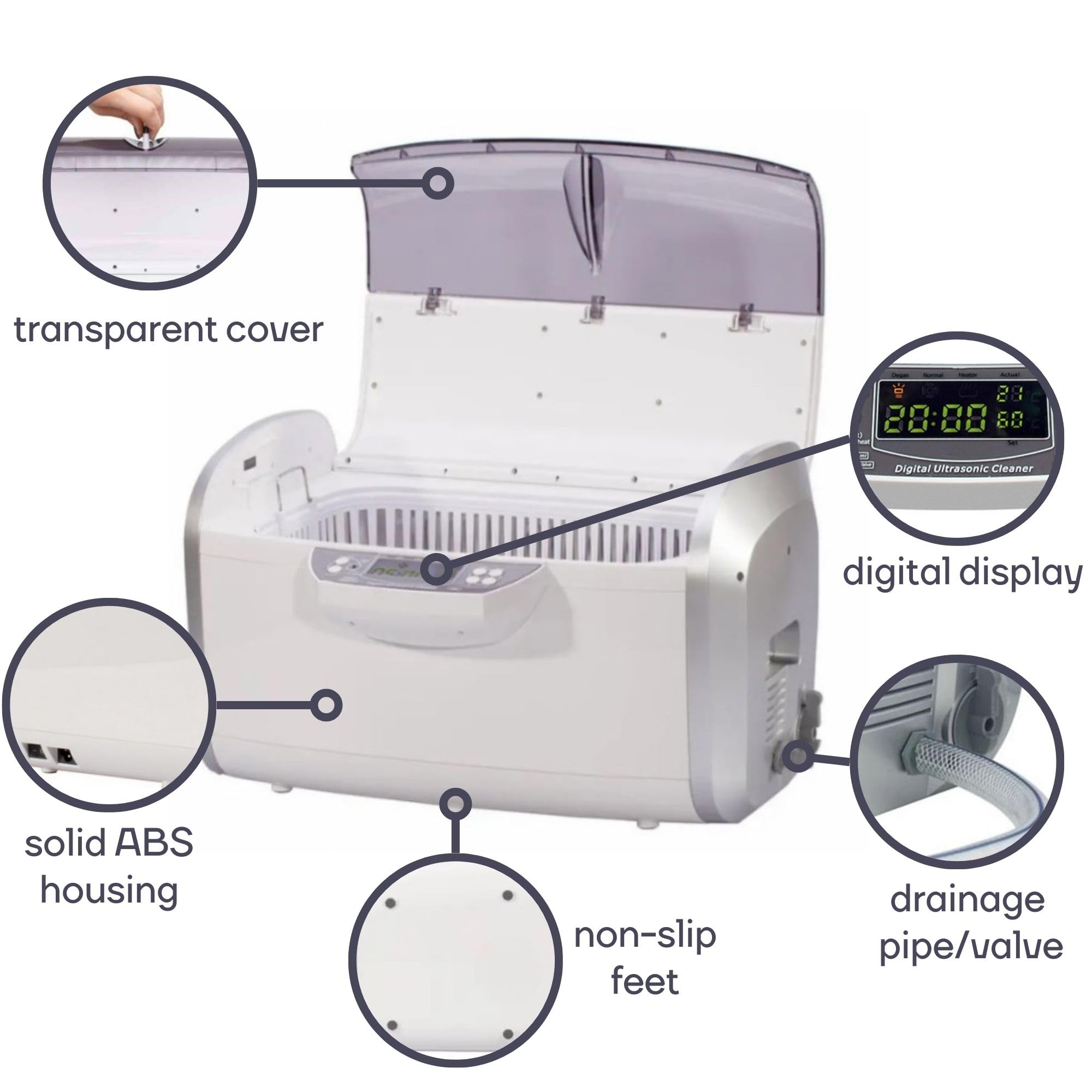 Perel Myjka ultradźwiękowa 6 L, ultrasonic cleaner 35 kHz, do biżuterii okularów zegarków protez monet kluczy, stal nierdzewna, timer cyfrowy i regulacja temperatury, zawór spustowy, biała
