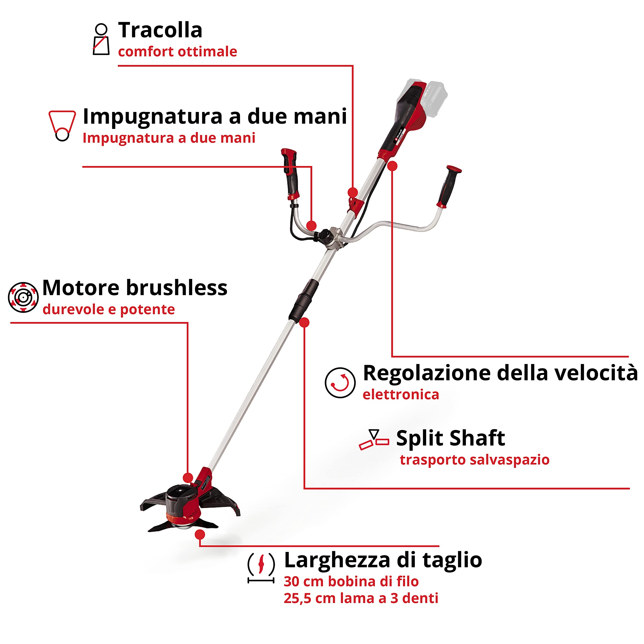 Einhell AGILLO 36/255 BL-Solo Decespugliatore a batteria Power X-Change (36V, motore brushless, Asta 190 cm, lama a 3 denti, diam. taglio 25,5 cm, diam. Taglio 30 cm, senza batteria e caricabatteria)