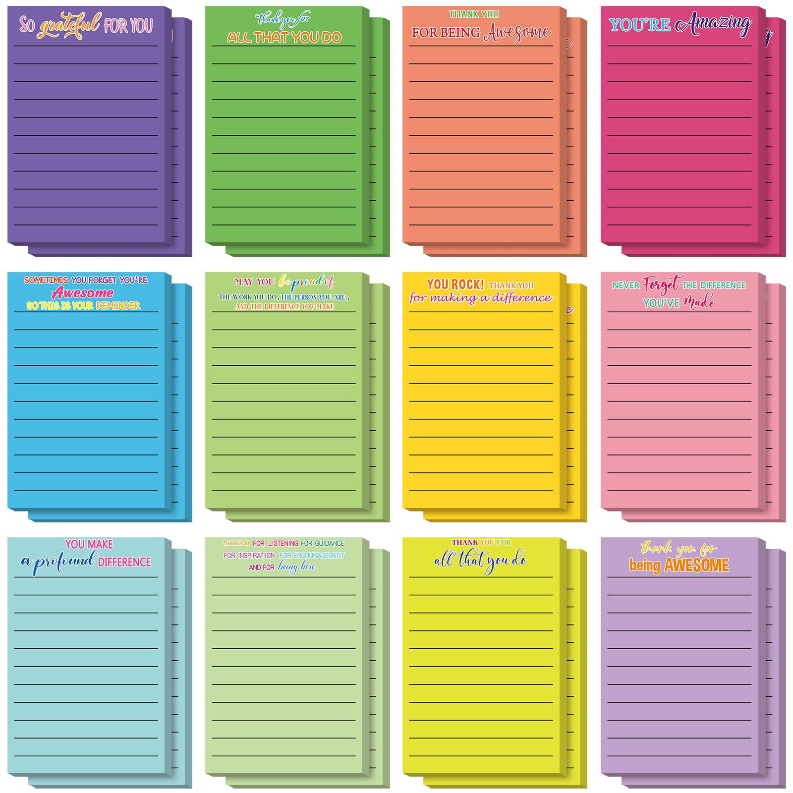 Yinder Lot de 24 blocs de notes adhésives inspirantes avec lignes de motivation colorées pour femme, employée, infirmière, enseignante, école, bureau (remerciement) 10,2 x 15,2 cm