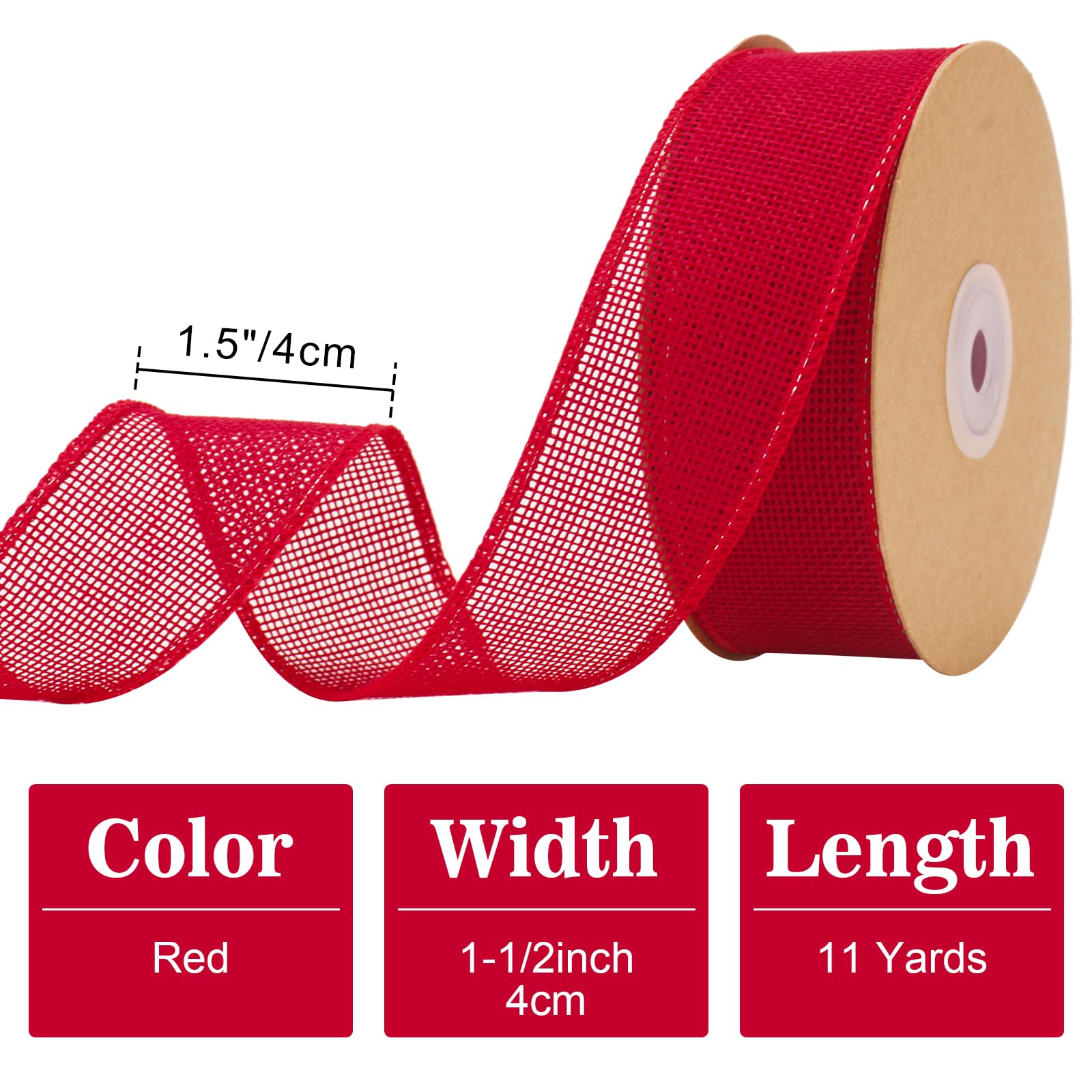 G2PLUS 4cm Red Wired Burlap Ribbon: 10m Hessian Ribbon for Crafting Bows, Gift Wrapping, Wreaths, Christmas Decoration - Image 2
