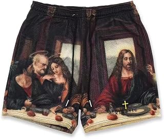 Men's Vintage Art Print Athletic Shorts Mesh Print Running Short Pants