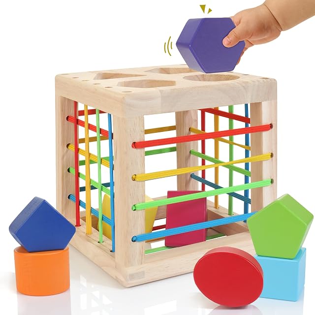 Winique Wooden Shape Sorter Cube, Montessori Toys for 1 Year Old, 8pcs Colorful Multisensory Shapes, Developmental Learning Toy for Baby Girls Boys, 1st Birthday Gift