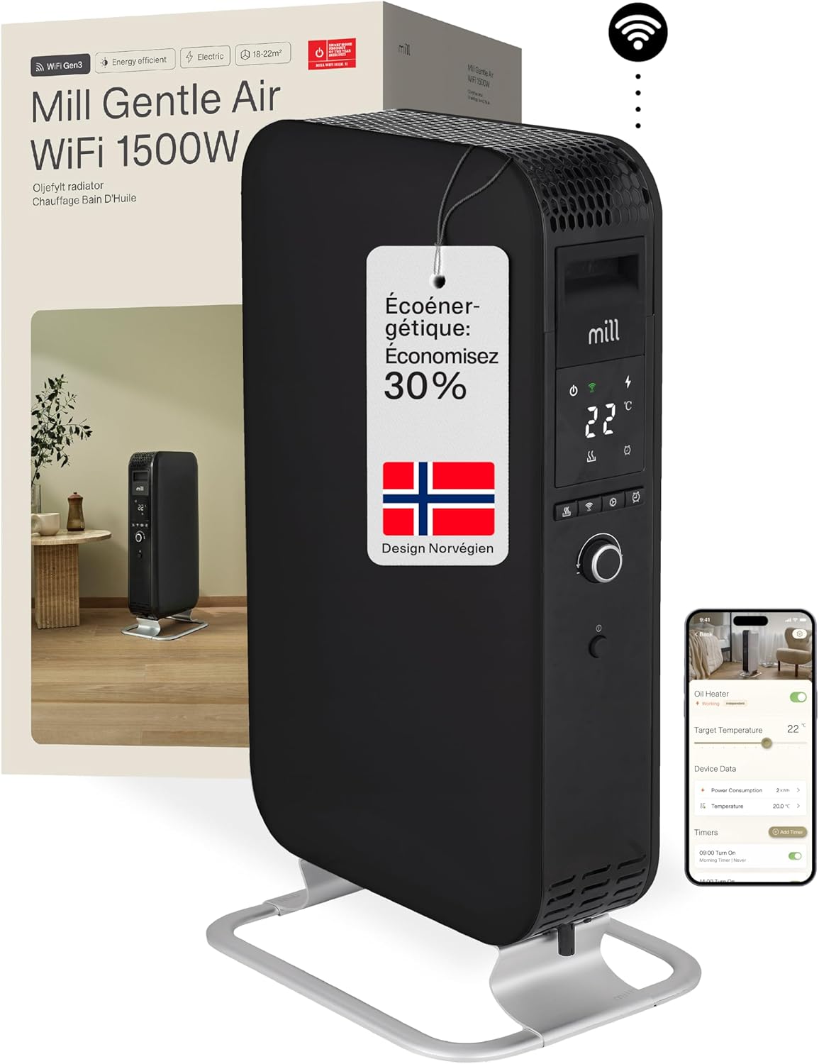 Mill Gentle Air WiFi Oil-Filled Heater 1500W in black, shown with its packaging and a smartphone displaying the control app.
