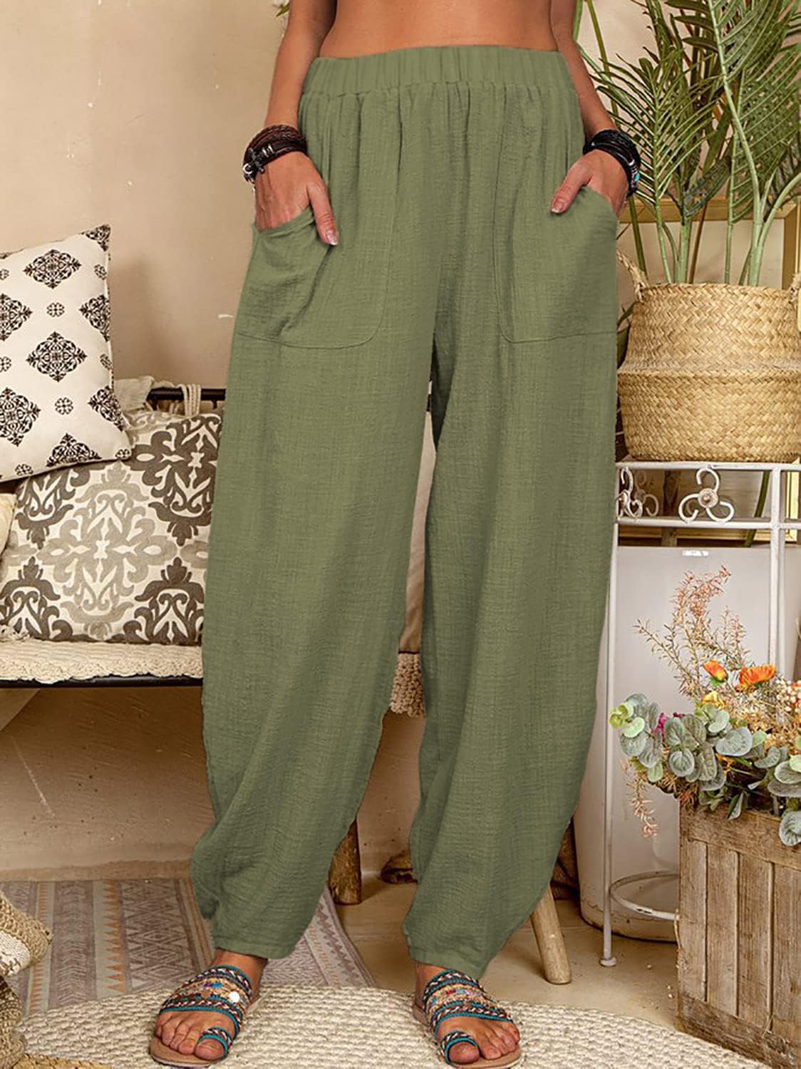 utcoco Women's Cotton Linen Harem Pants Casual Loose Fit High Waisted Pants Trousers with Pockets - Image 2