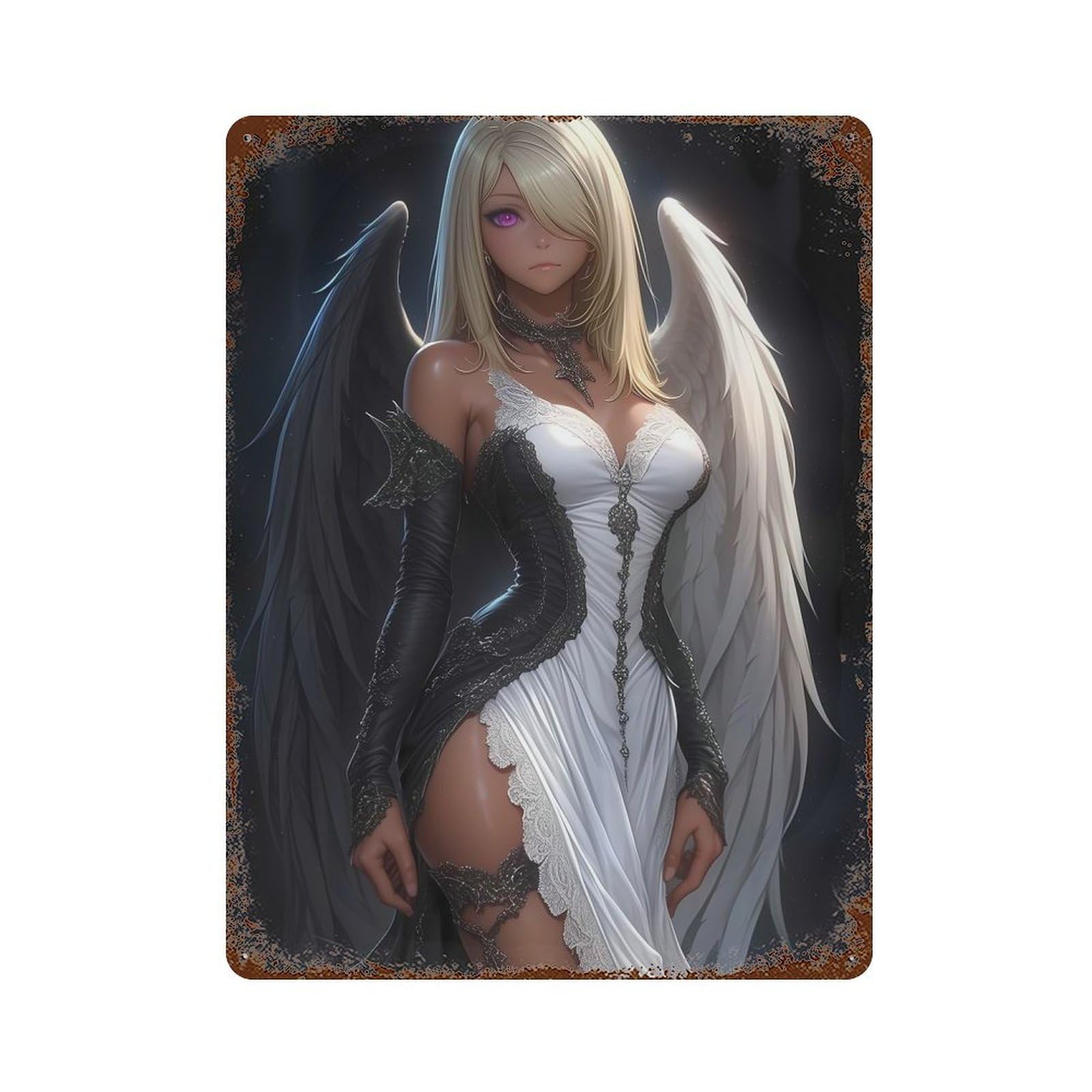 Angel with Black And White Wings Anime Girl Decorative Tin Sign 15.7"x11.8", Farmhouse Wall Decor for Garage, Bar And Workshop Decor