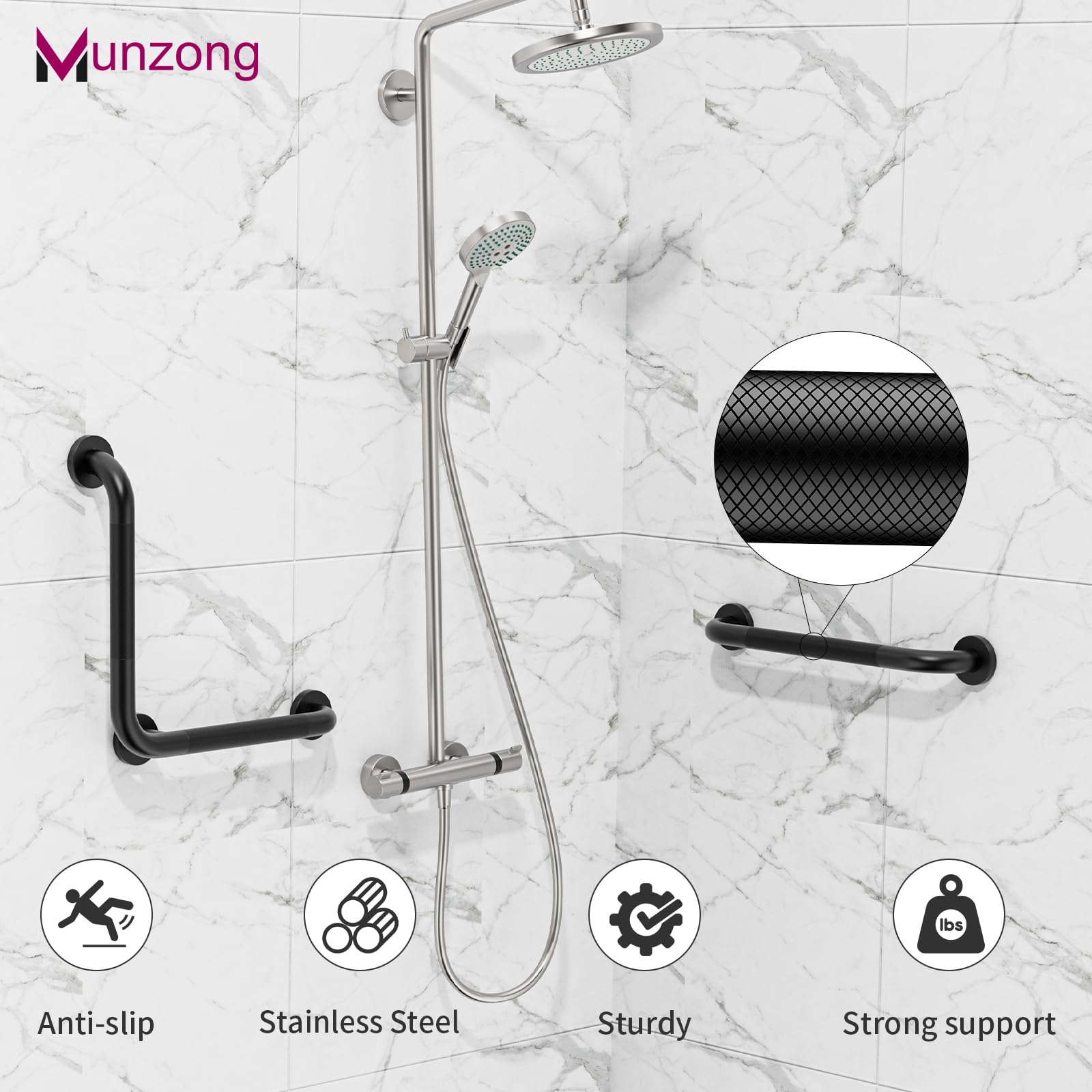 Munzong - Maniglia per doccia a forma di L, 40,6 cm, colore: nero | Anti maniglia zigrinata di sicurezza dell'acciaio inossidabile di Bathroon di slittamento, sostegno anziano di lesione