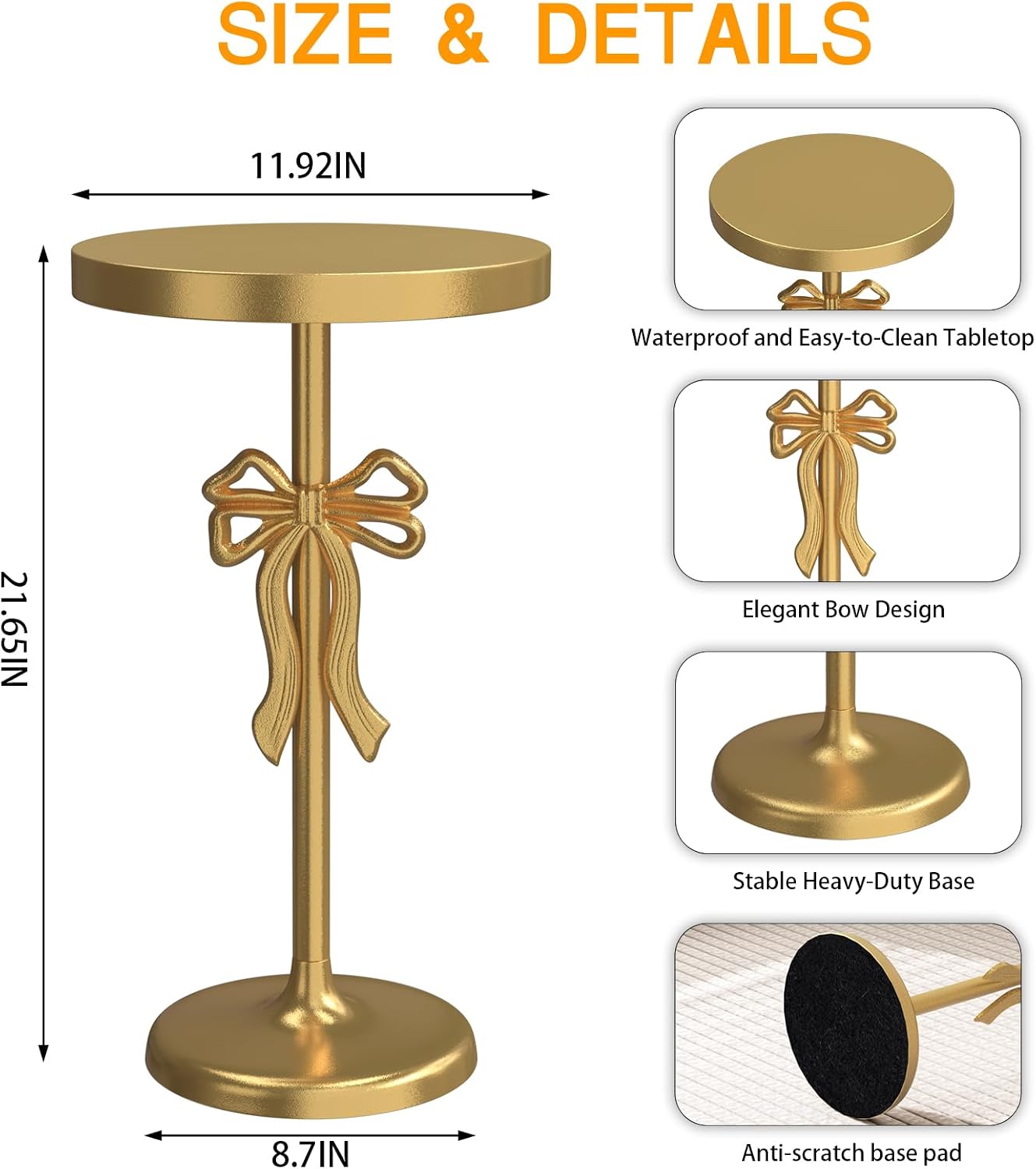 Gold Drink Table, Metal Martini Side Table - 11.9" x21.7'', Gold Small Accent Table with Bow Decoration, Pedestal End Table for Small Spaces