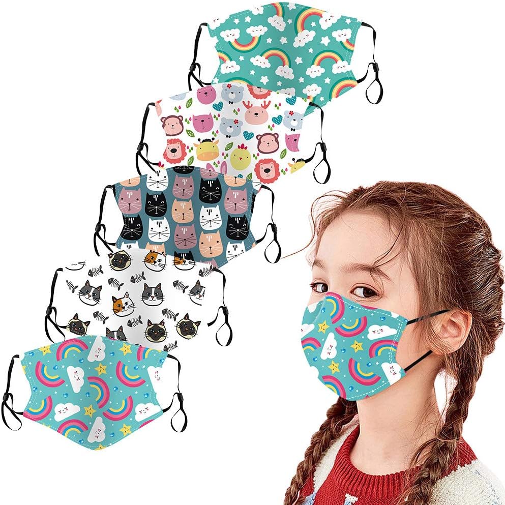 Geduochn UK Stock 5PCS Kids_Protect_Cover_Mask Cotton Fabric Washable Reusable Activated Carbon Filters Pocket Insert Dinosaur Print Cute Animal Cat Dogs School Pack