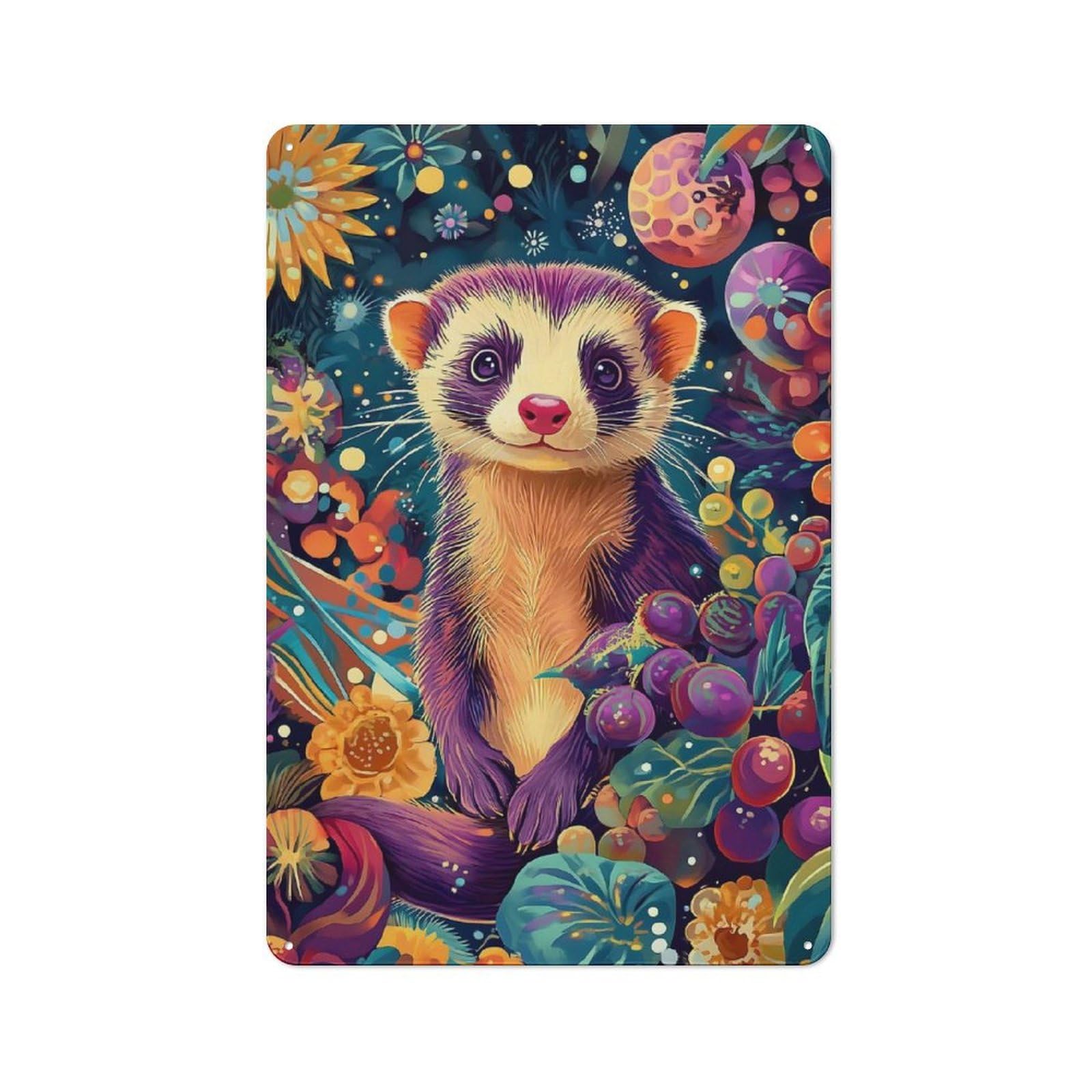 Vibrant Ferret Botanical Portrait – Colorful Floral Weasel Art Metal Wall Sign 30x20cm, Rustic Decor for Garage Wall, for People Furnishing A Garage