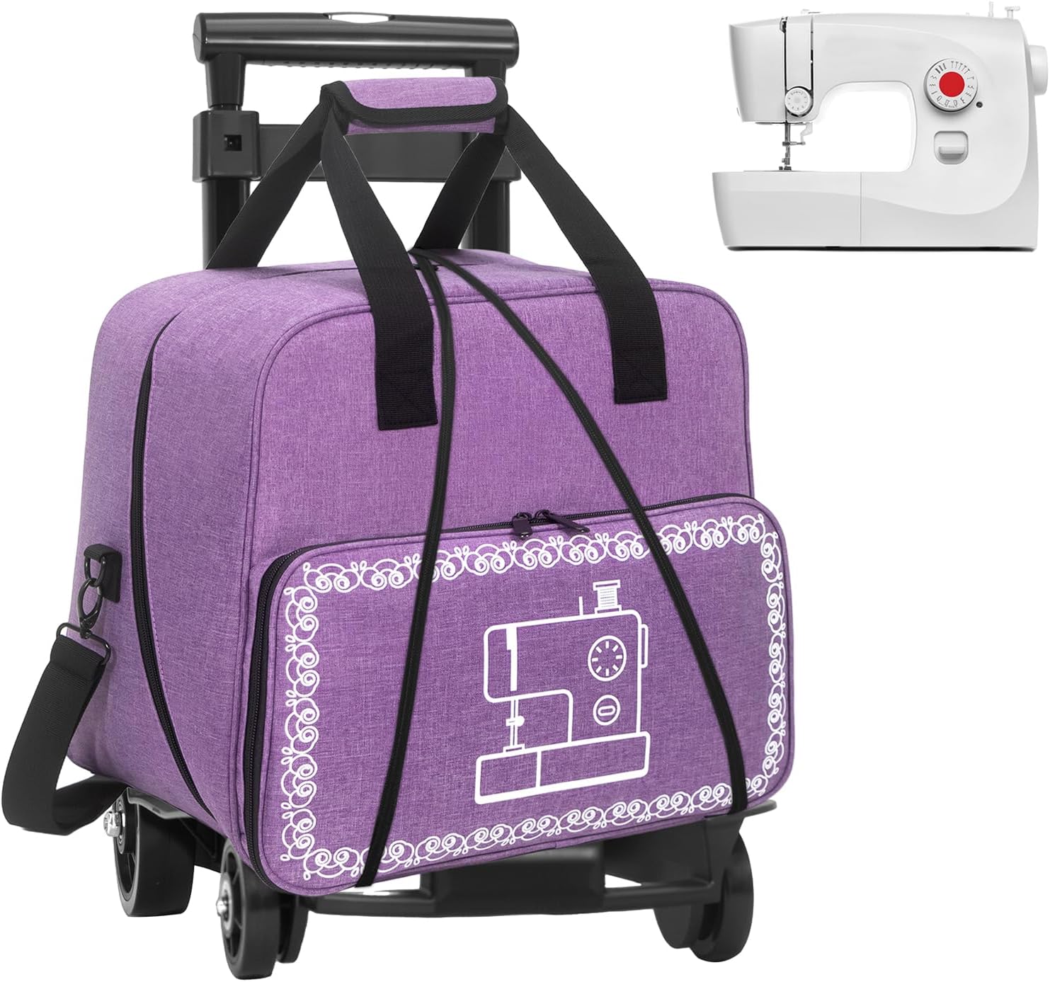 Sewing Machine Case with Wheels, Detachable Rolling Sewing Machine Tote Bag, with Machine Case Fixing Rope - Fit Most Standard Sewing Machine - Black