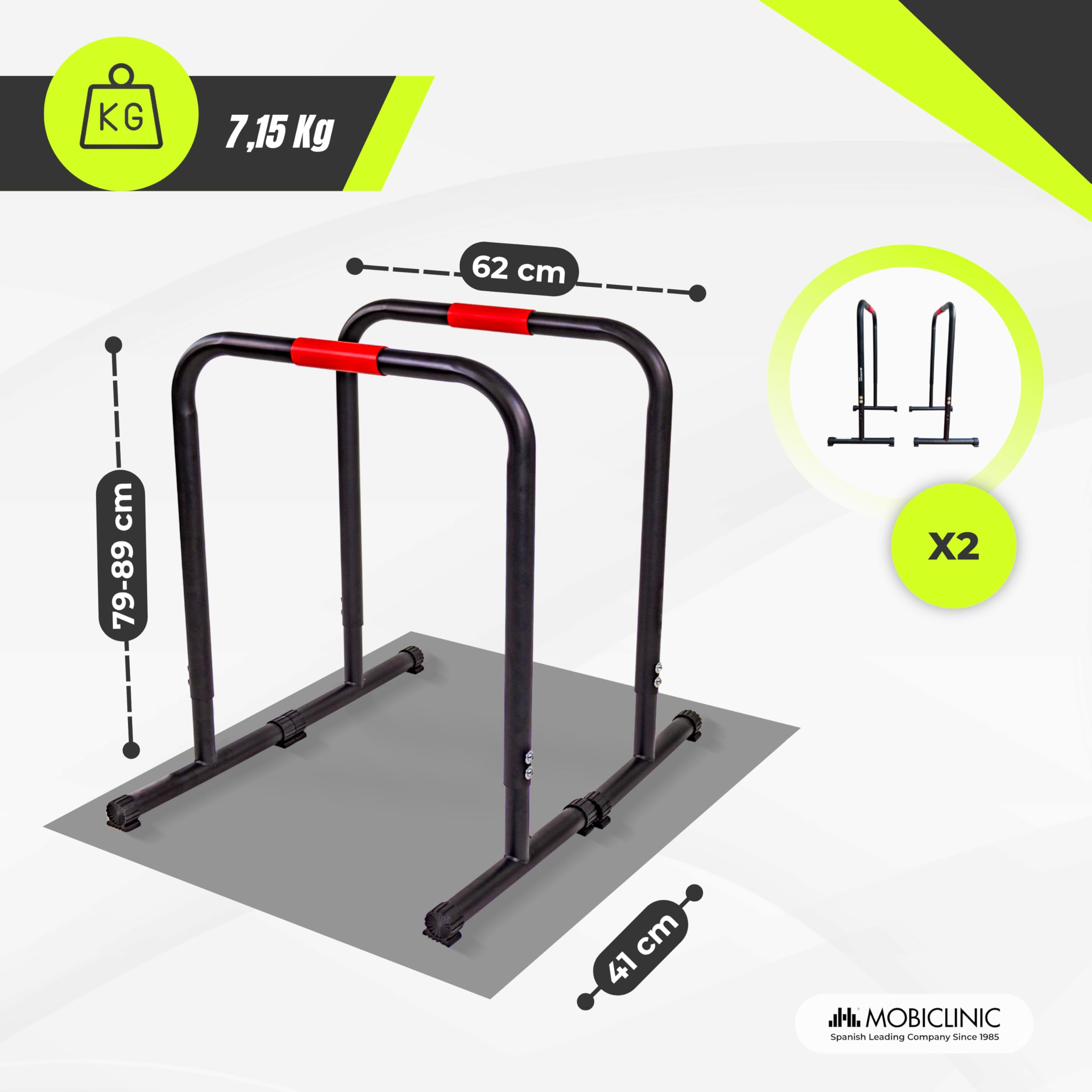 Mobiclinic®, Parallele Calisthenics, Regolabili, 2 Altezze 79-89 cm, Impugnature Antiscivolo, Piedini in Gomma, Acciaio Rinforzato, Dip, Flessioni, Plank, Funzionali, Twins