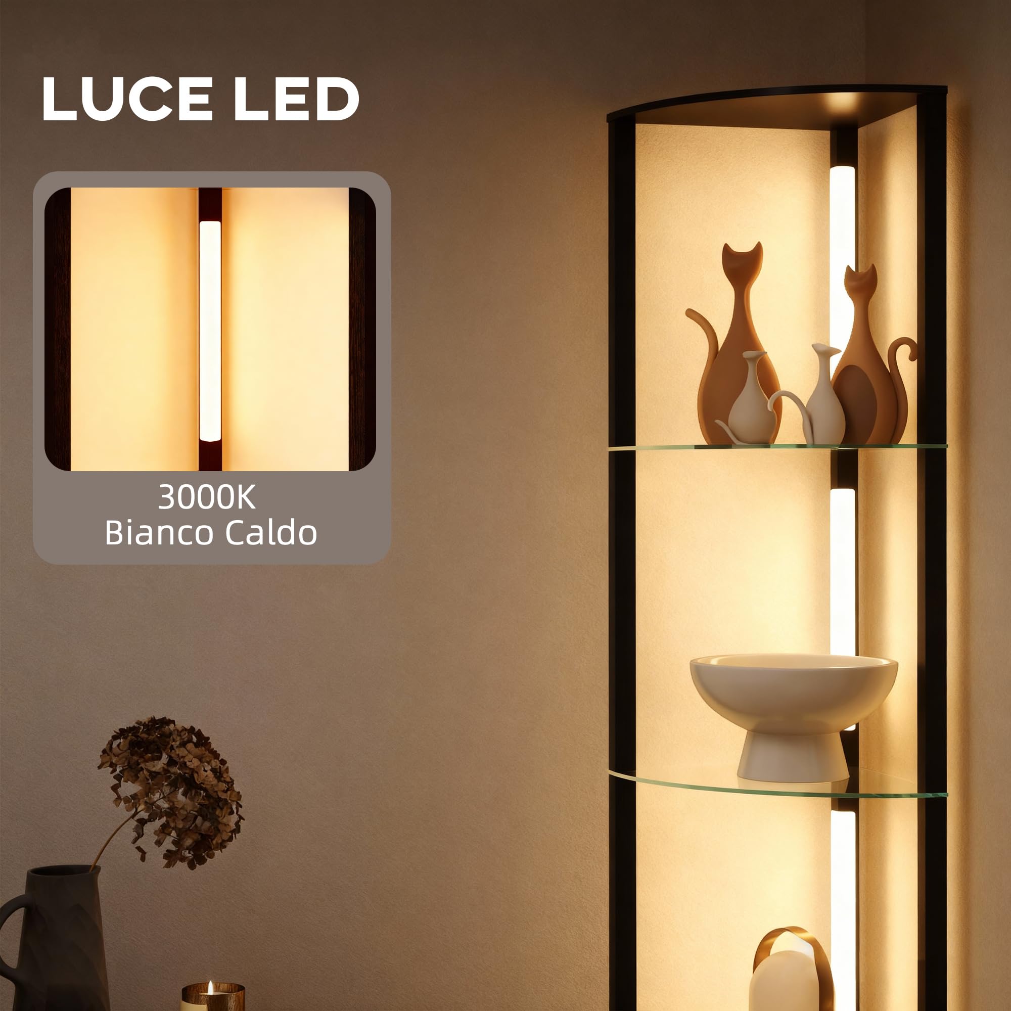 HOMCOM Lampada da Terra con Ripiani in Vetro e Luce LED Nero | Lampada da Pavimento, 3 Livelli di Luminosità, Interruttore a Pedale, per Salotto e Soggiorno