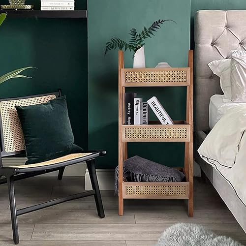 Miniatura 3 de ZYBT Estantería escalera, estantería de ratán de 3 niveles, estantería de pie, escalera para mantas, estantes de almacenamiento de madera para sala