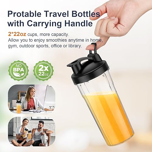 Miniatura 4 de KOIOS Licuadora de batidos de 900 W, licuadora personal para batidos y batidos con 2 botellas portátiles sin BPA de 22 onzas y tapas para llevar,
