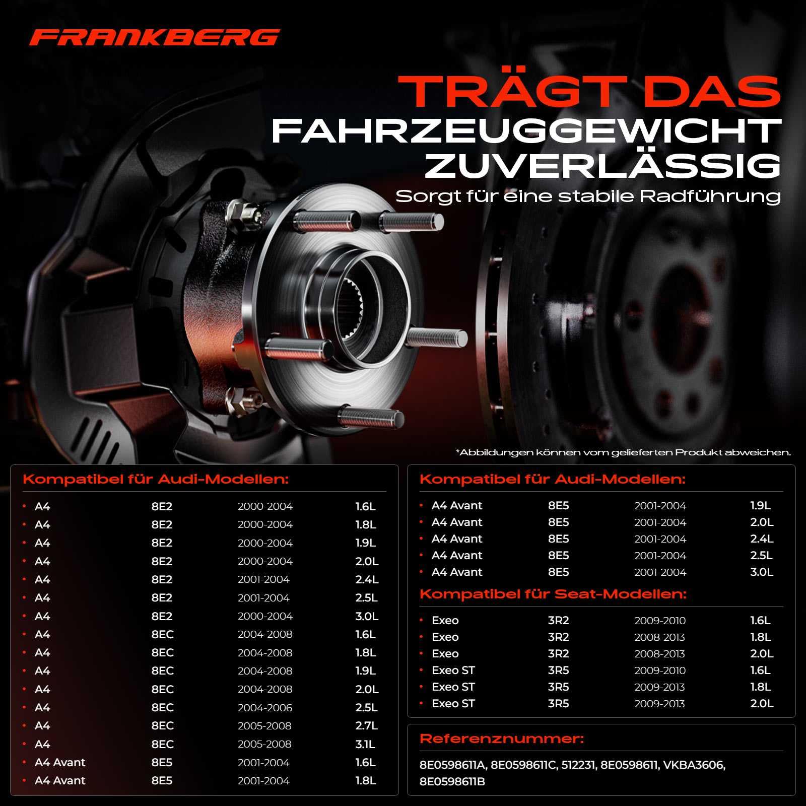 Frankberg Radlager Radlagersatz Hinten Flansch-Rad ⌀130,9 Mit ABS Sensorrad Kompatibel mit A4 8E2 A4 Avant 8E5 8ED Exeo ST 3R5 A4 Cabriolet 8H7 Replace# 8E0598611